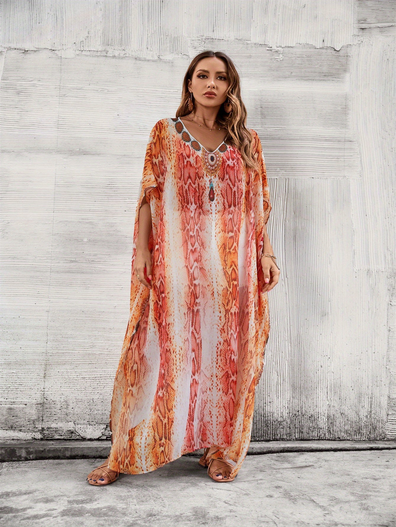 Plus Size Boho Beach Maxi Dress - Vibrant Print V-Neck Kaftan with Side Slits, Stretchy Lightweight Fabric, Short Sleeve Resort Wear for Seaside, Summer Parties & Casual Outings, Beach Dress, Seaside Event Attire, Flowy Fabric