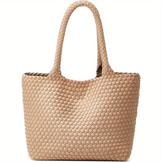 Vegan Woven Tote Bag for Women - Large Capacity Chocolate Brown Shoulder Bag with Magnetic Closure, Removable Cushion & Comfort Handles