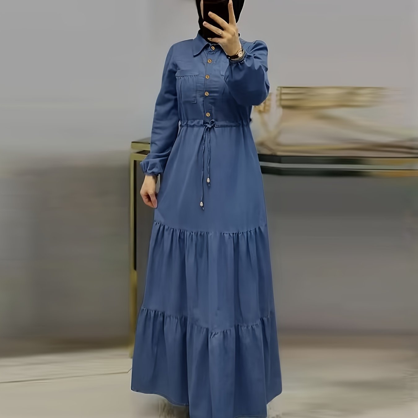 Blue Elegant Women's Baju Abaya | Middle Eastern-Inspired, Adjustable Waist Tie, Golden Buttons, Long Sleeve, Ruffled Hem, Machine Washable, All-Season Traditional Casual Wear