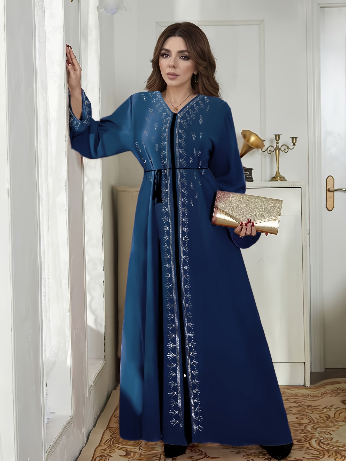 Ramadan 2025 Muslim Women's Open Cardigan Middle Eastern Robe Loose Floor-Length Diamond Studded Long Abaya with Zipper