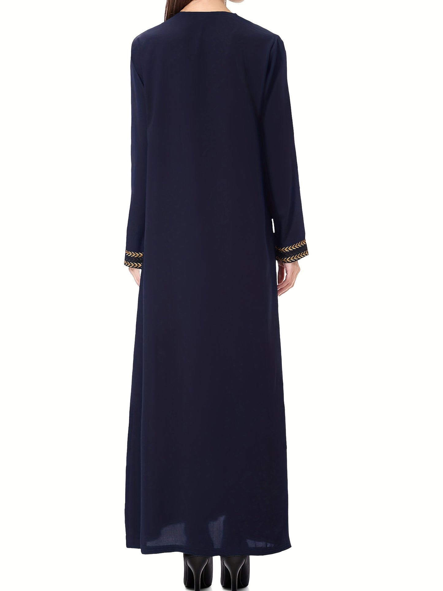 Navy Blue Muslim Kaftan Dress | Elegant Jibab Abaya, Golden Embroidery, Sleeve, Loose Fit, Maxi Length, Hijab-Friendly Design, All-Season Wear
