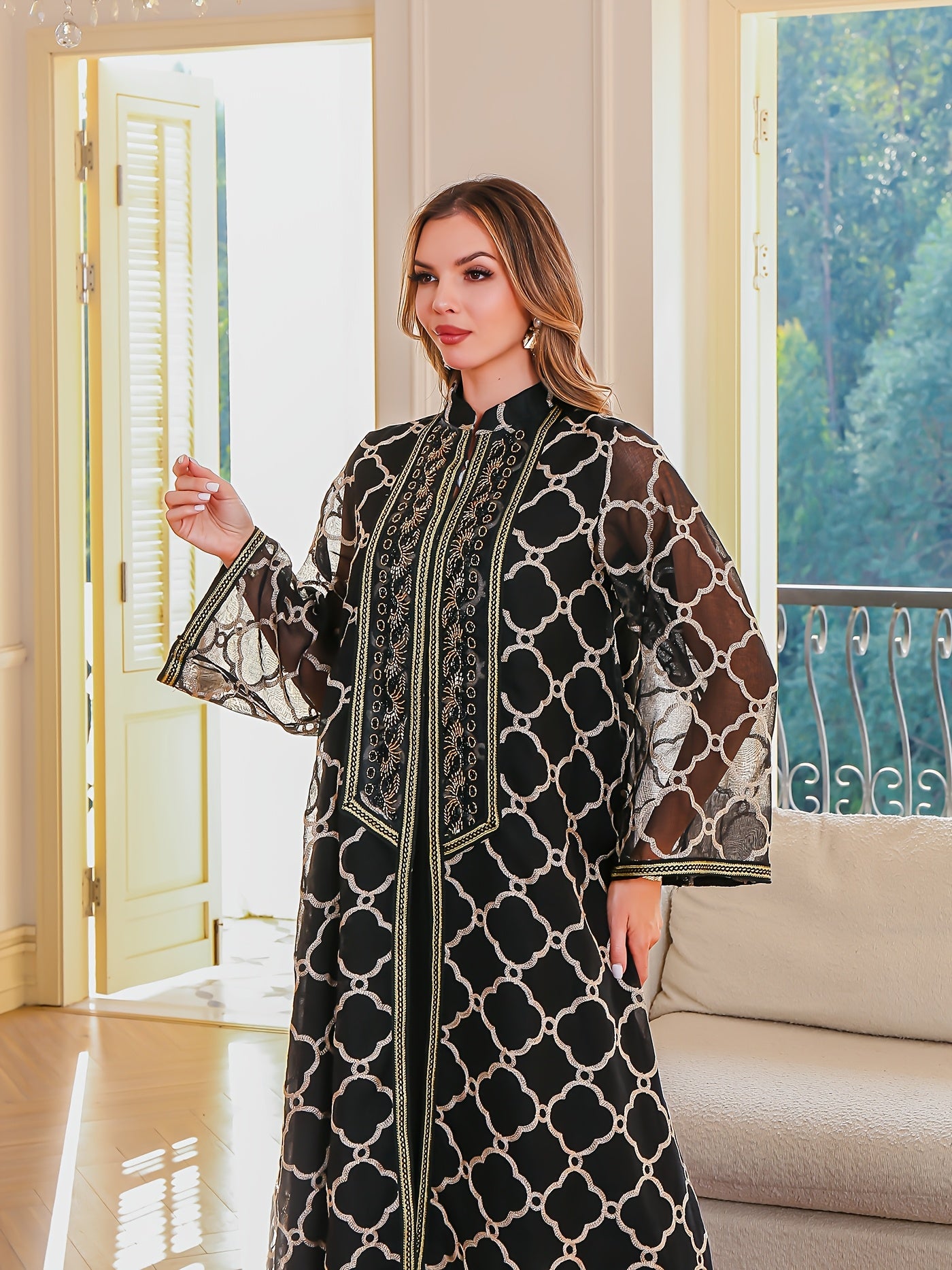 Elegant Black & White Geometric Sequin Embroidered Abaya - Long Sleeve Maxi Dress with Belt, Middle East Dubai Style Evening Gown for Women, Handmade Luxury Robe for Formal Occasions