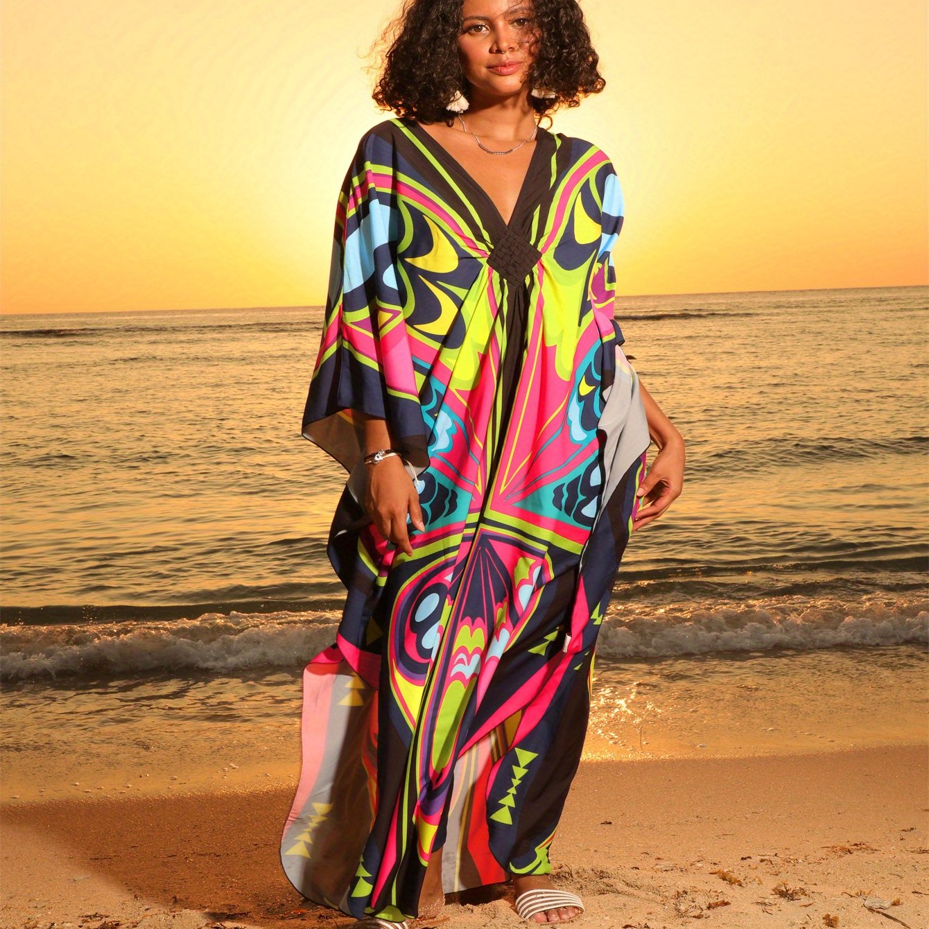 Women's Black Pink Butterfly Printed Kaftan Dress Four Side Stretch V Neck Beach Cover Up Batwing Sleeve Robe Casual Home Holiday Plus Size Swimwear Cover Up Ethnic Style Dresses
