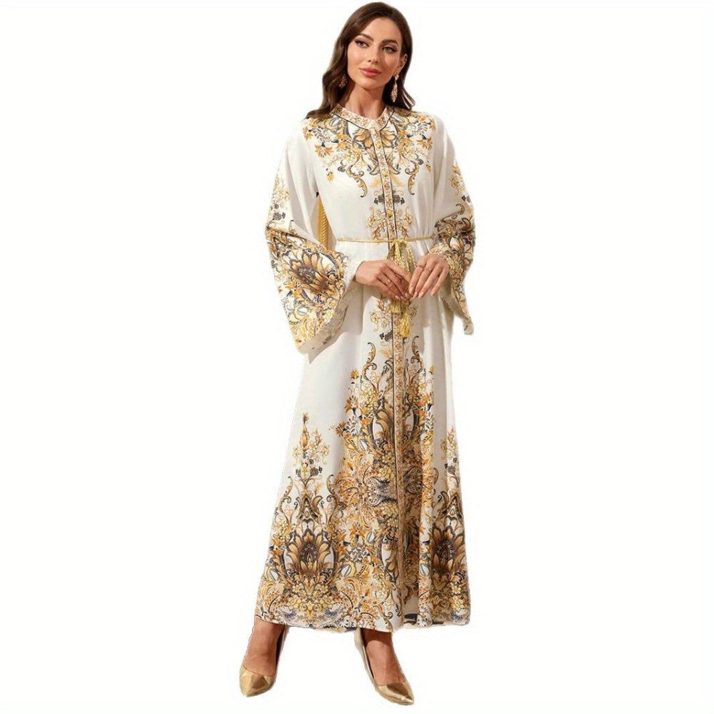 Women's Elegant Middle Eastern Dubai Baju Abaya Dress - Luxurious Golden Floral Print & Lace-like Sleeve Design, Floor-Length Evening Gown with Modest Coverage for Weddings