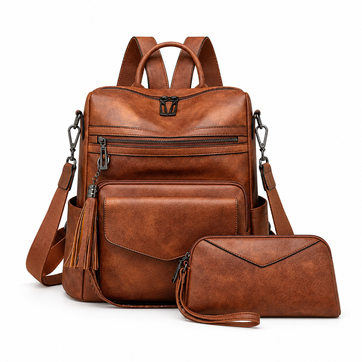 Vintage Brown Backpack With Matching Wristlet