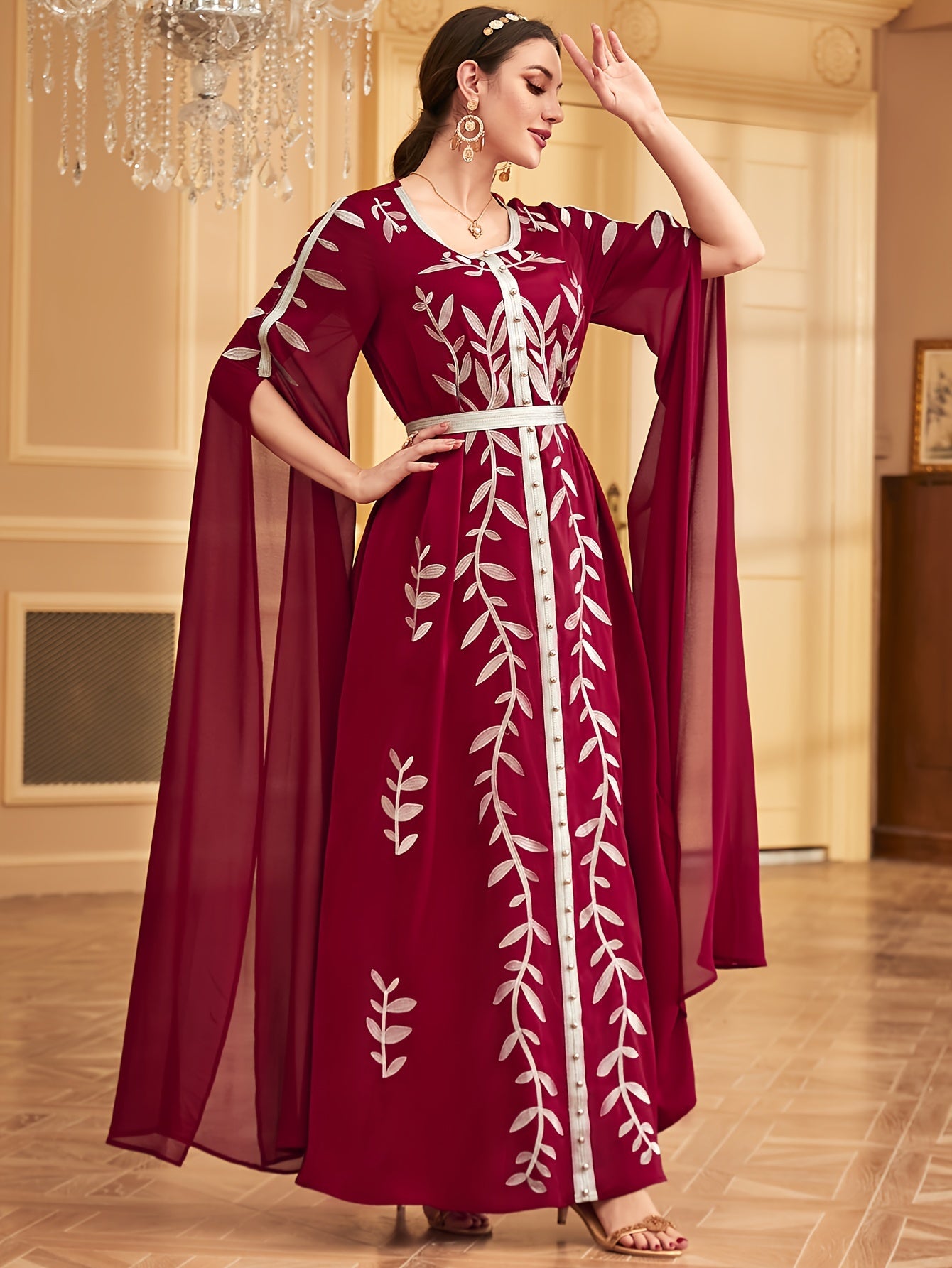 Middle Eastern-Inspired Embroidered Burgundy A-Line Kaftan Abaya with Ultra-Long Sleeves, Cinched Waist & Exaggerated Hem - Machine Washable Formal & Casual Elegance, Special Occasion