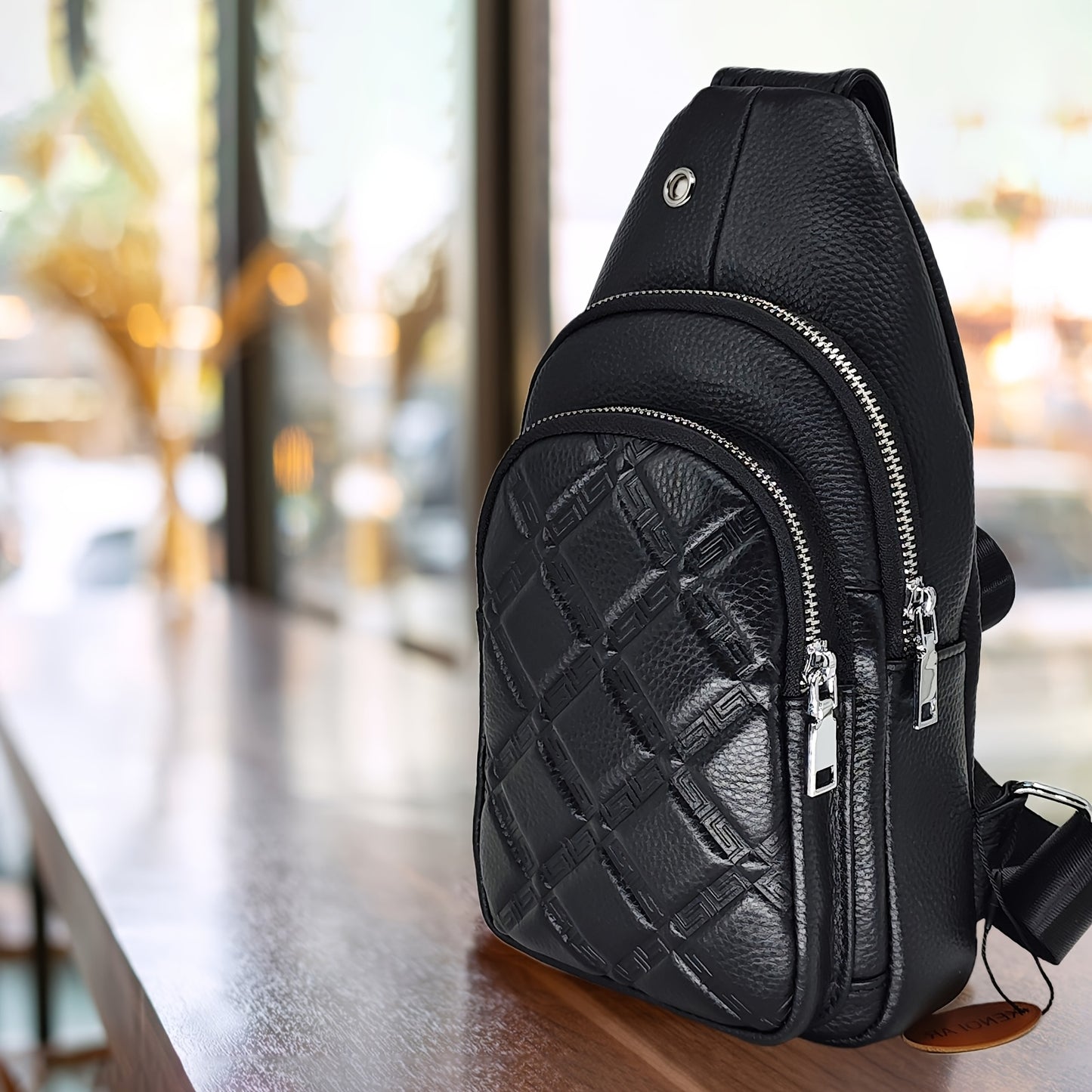 Men's Genuine Leather Quilted Sling Bag - Adjustable Strap, Black Chest & Crossbody Bag, 11.8" Height, Lightweight & Stylish for Casual Use