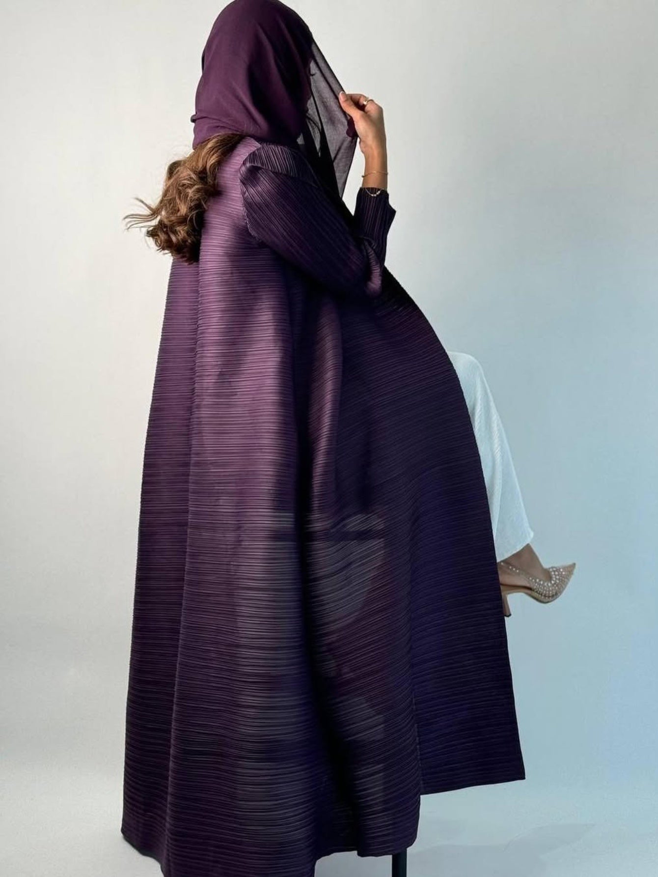 Elegant Pleated Arabic Abaya Robe - Modest Long Sleeve with Removable Adjustable Waist Belt, Solid Color Traditional Middle Eastern Wedding Guest Gown, Machine Washable