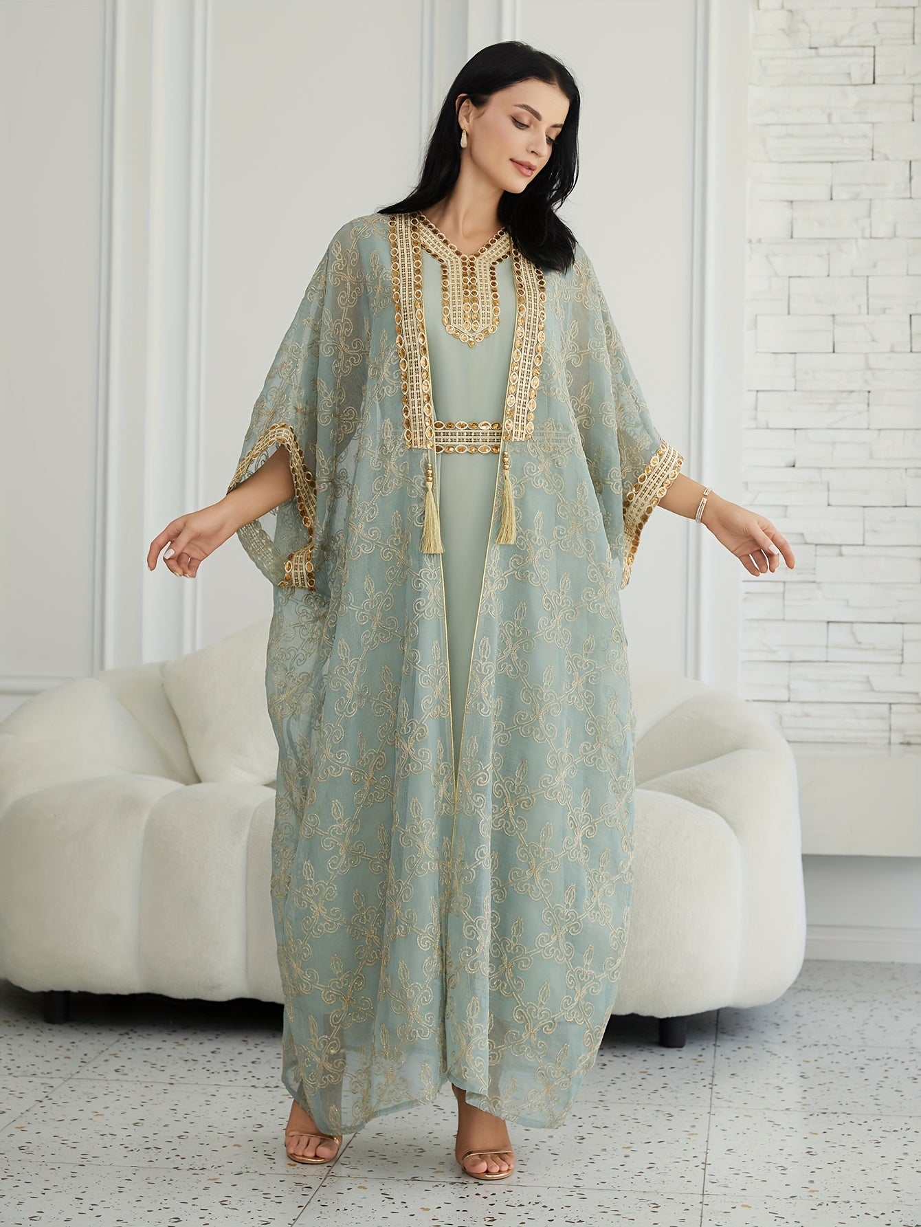 Oriental Style Sequined Lace Two-Piece Mesh Emirati Abaya Dress for Women, Middle Eastern Traditional Long Robe