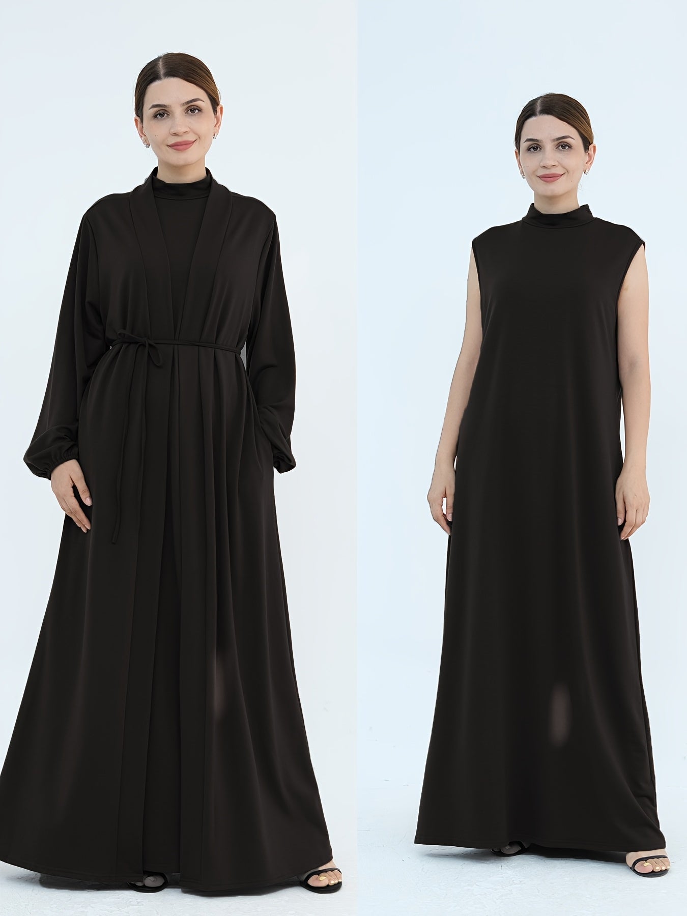2pcs Solid Color Dress + Casual Round Neck Sleeveless Vest | Women's Clothing, Long Sleeve Arabic Abaya