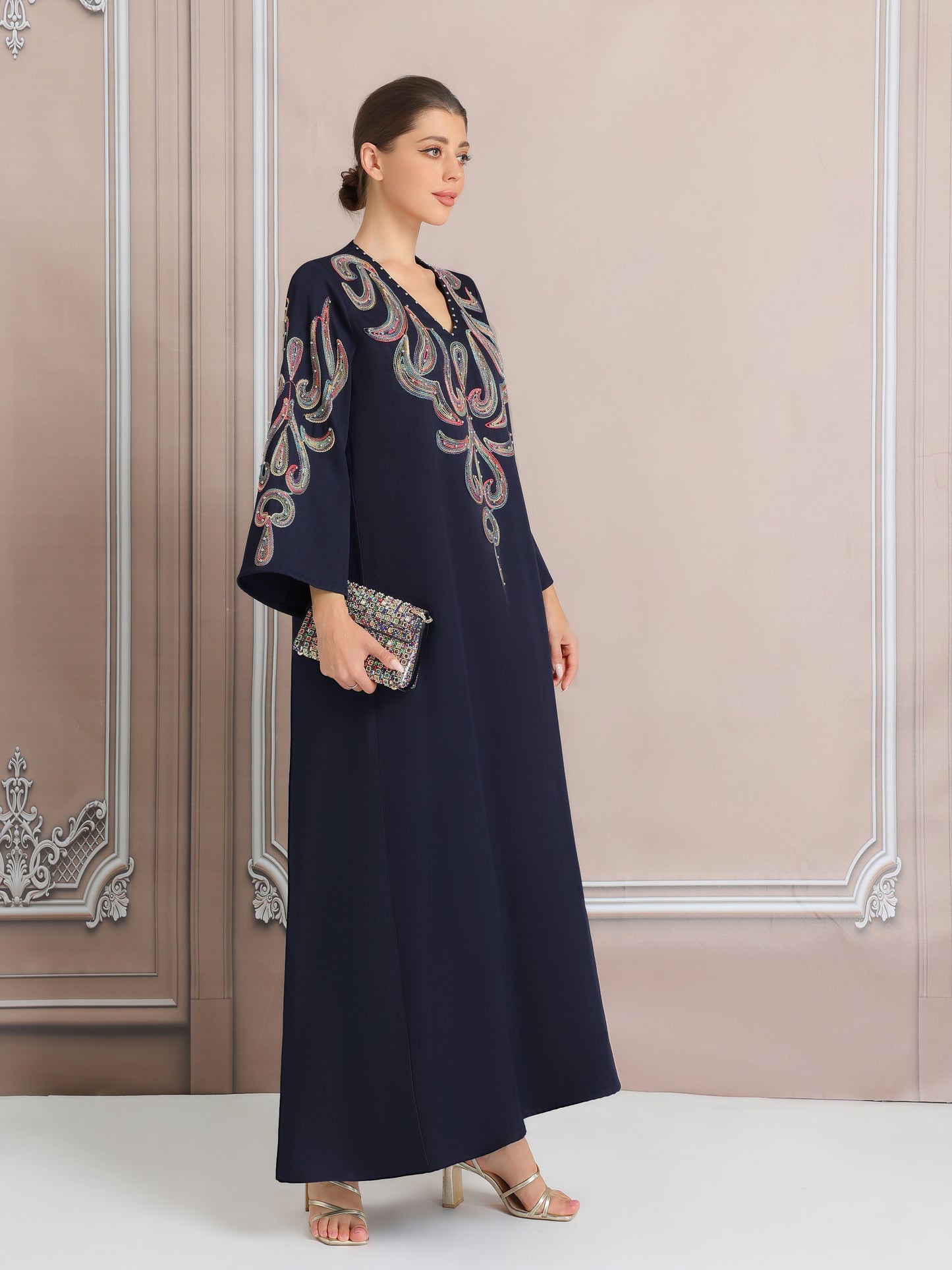 Women's Elegant Embroidered Kaftan Abaya, Long Sleeve Polyester 100% Regular Fit, Solid Color with Pearl Details, All Season Versatile Dress, No Belt, Woven Fabric