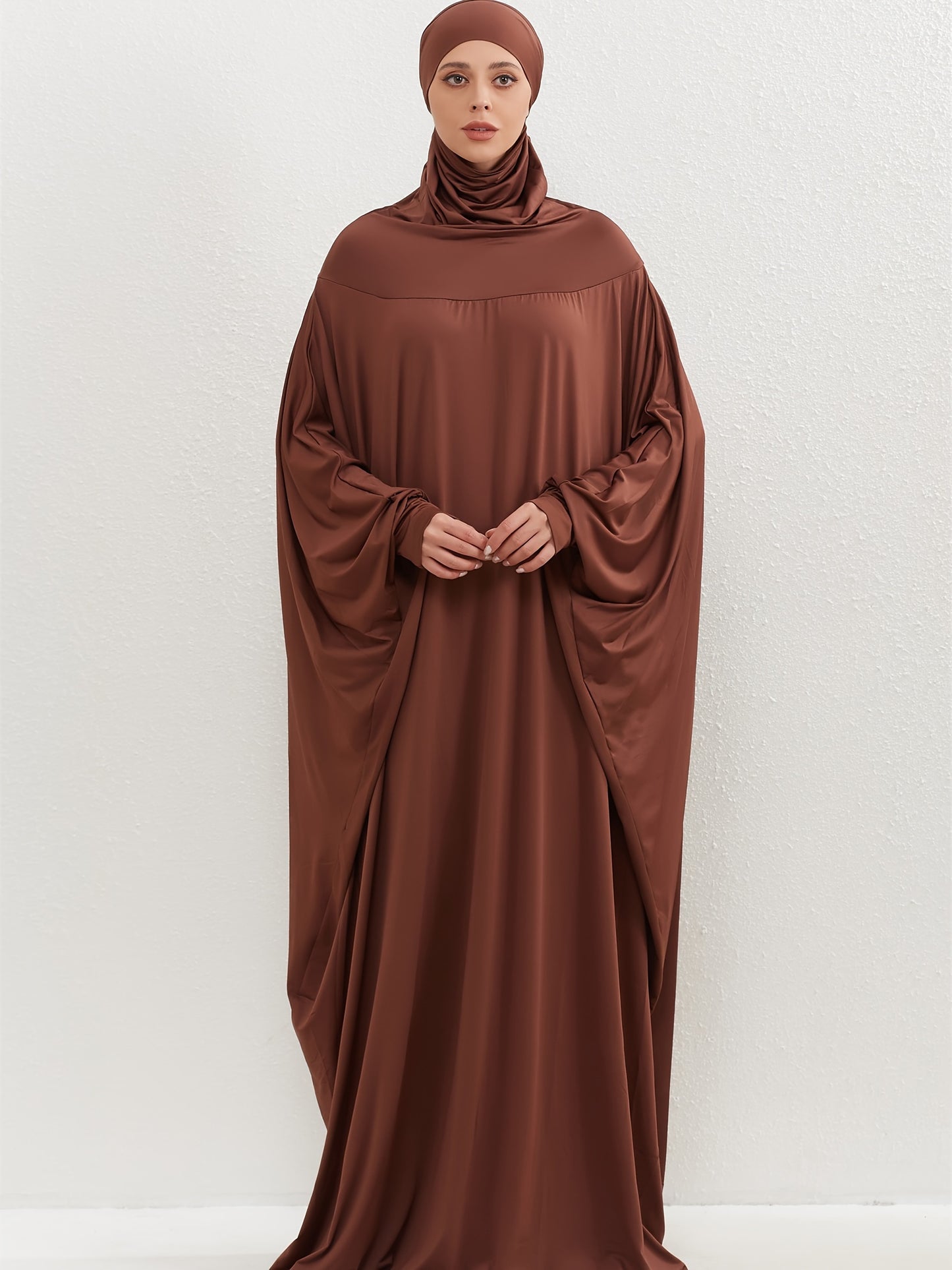Ramadan Solid Hooded Kaftan, Elegant Batwing Sleeve Arabic Abaya, Women's Clothing
