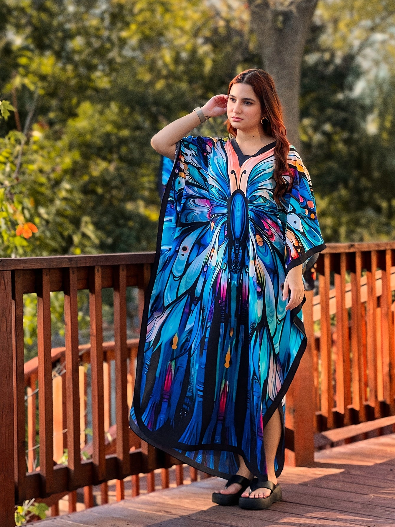 Kaftan Dresses For Women Bohemian Printed V-neck Beach Coverup Batwing Sleeves Kaftan Robe Casual Home Vacation Swimwear Coverup Ethnic Style Dress