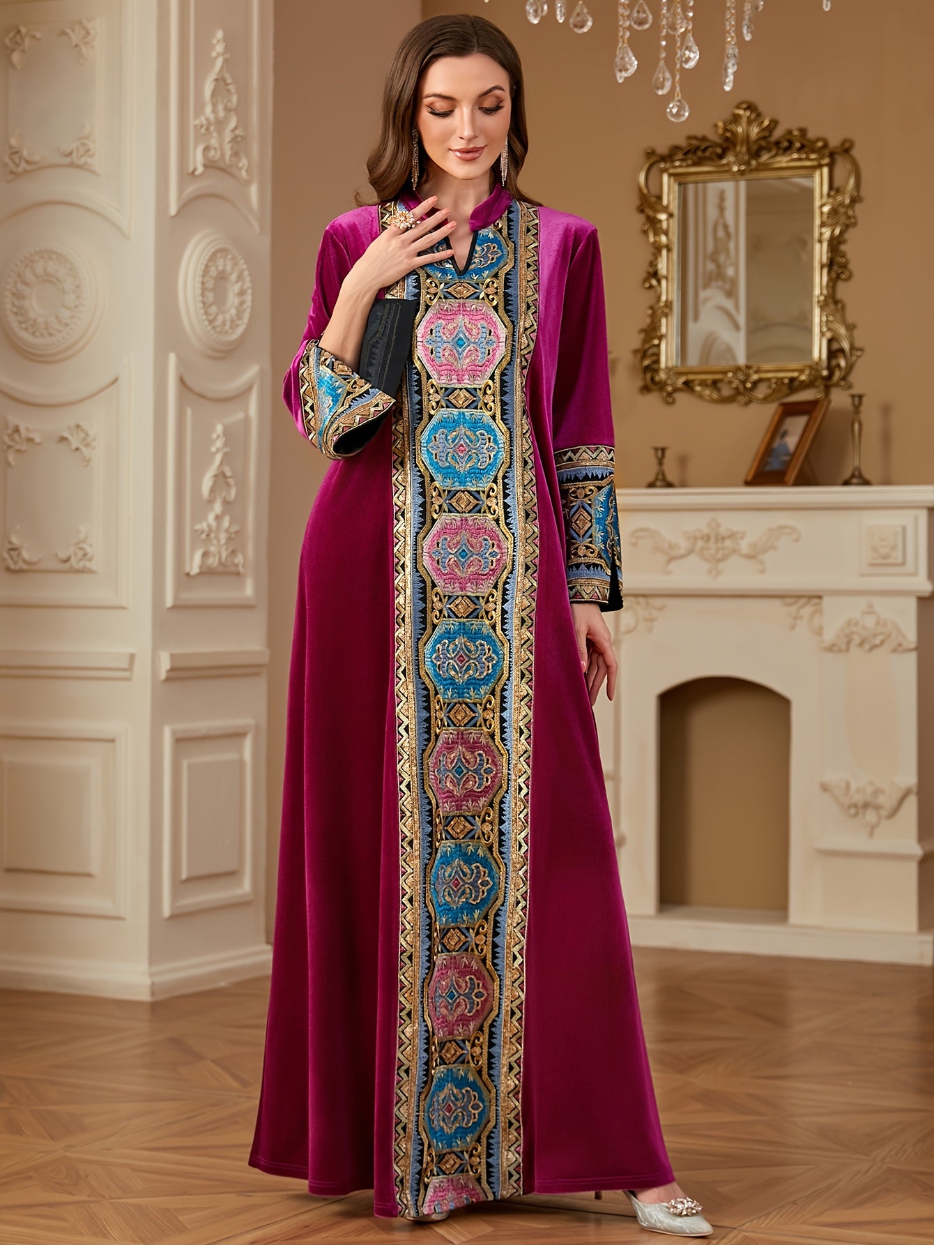 Women's Middle Eastern-Inspired V-Neck Long Sleeve A-Line kaftan Abaya - Burgundy with Multicolor Embroidery, Loose Fit Floor-Length Traditional Elegance for Autumn/Winter, Machine Washable