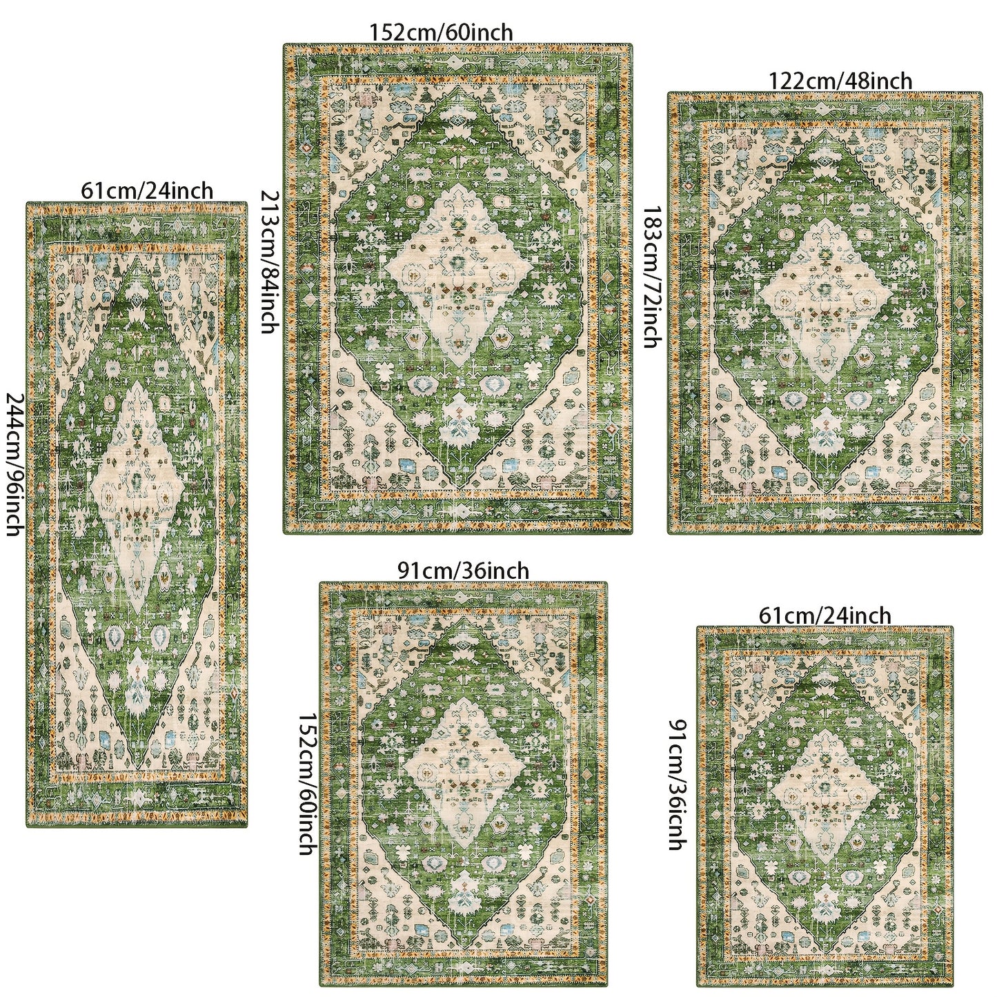Boho Tribal Area Mat - Distressed Green Machine Washable & Non-Slip 100% Artificial Fur Mat, Large Sizes up to 2.16m² for Entryway, Bedroom, Living Room, Office - Bohemian Indoor Floor Rugs, Entryway Decor, Large Area Carpet