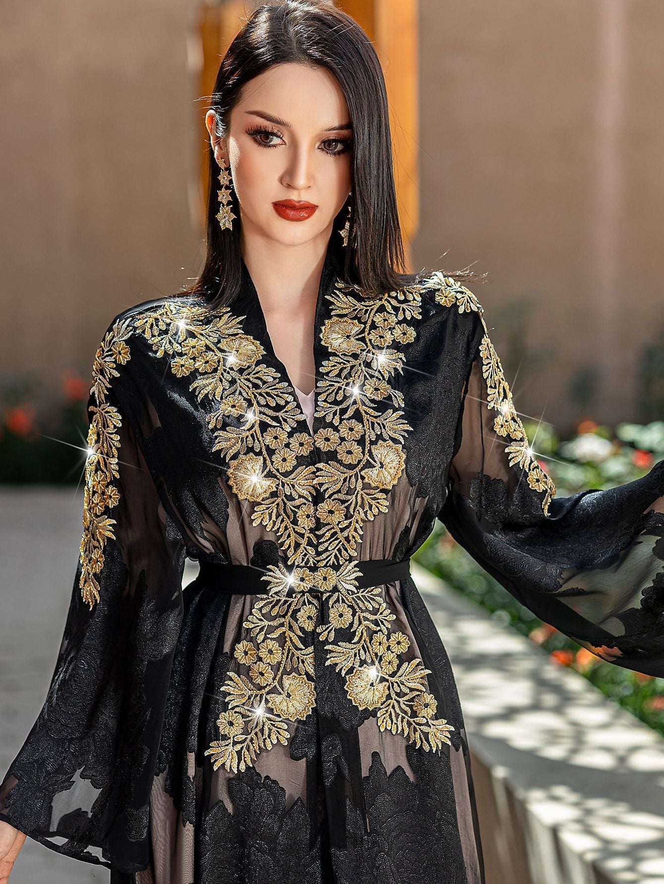 Two-Piece Black and Golden Embroidered Abaya with Belt - Elegant Long Sleeve, Flowing Ethnic Style, Non-Stretch Fabric, Perfect for Spring/Summer, Cultural Attire|Elegant Abaya|Satin Finish