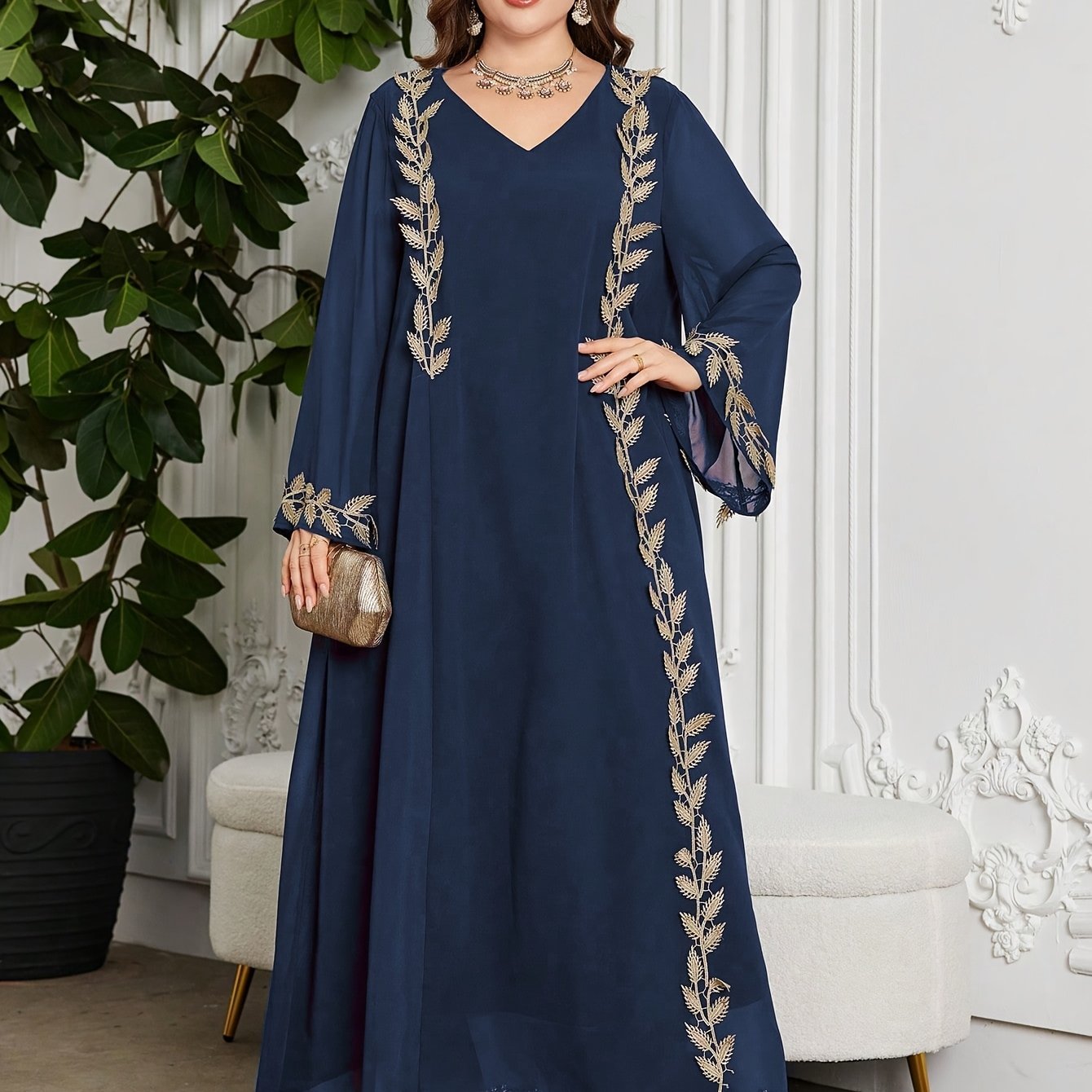 Plus Size, Women's V-Neck Long Sleeve Golden Embroidered Ribbon Chiffon Loose Casual Comfortable Elegant Daily Party Plus Size Arabic Abaya Dress, Modest Kaftan