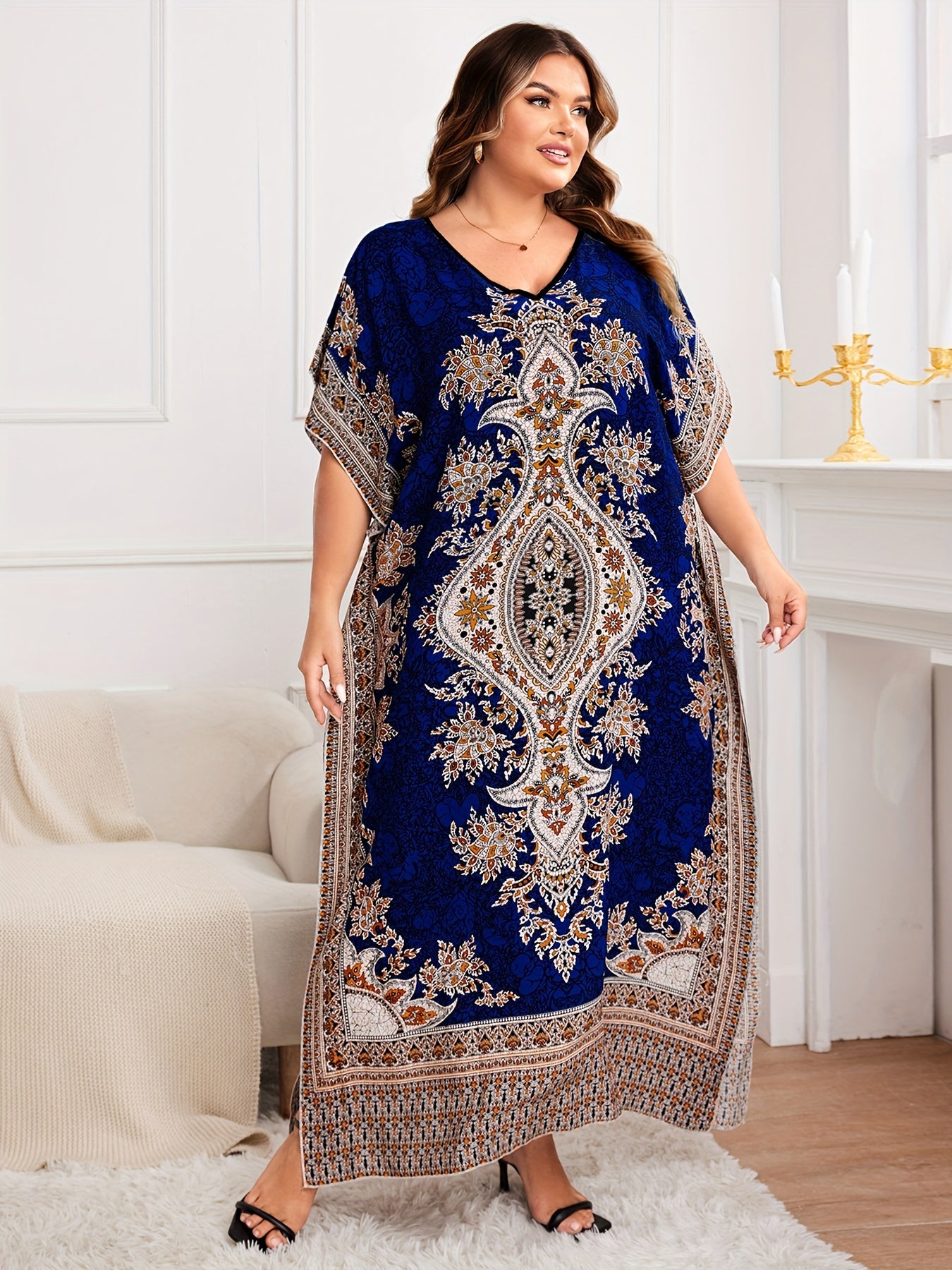 Plus Size, European and American Plus Size Women's Bohemian Vacation Dress with Middle Eastern Kaftan Abaya Style