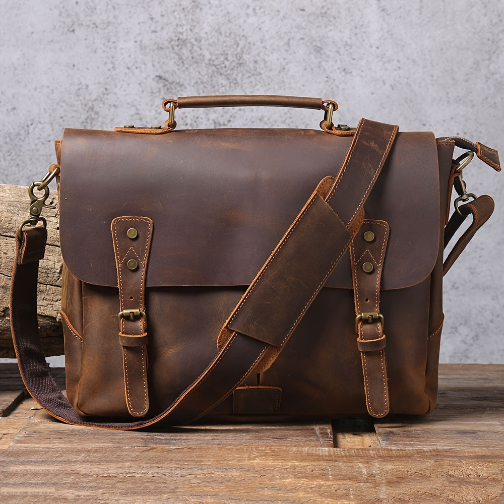 Vintage Brown Cowhide Men's Vintage Genuine Leather Messenger Bag - Adjustable Strap, Multiple Compartments, Zipper Closure, Distressed Finish, Functional Design