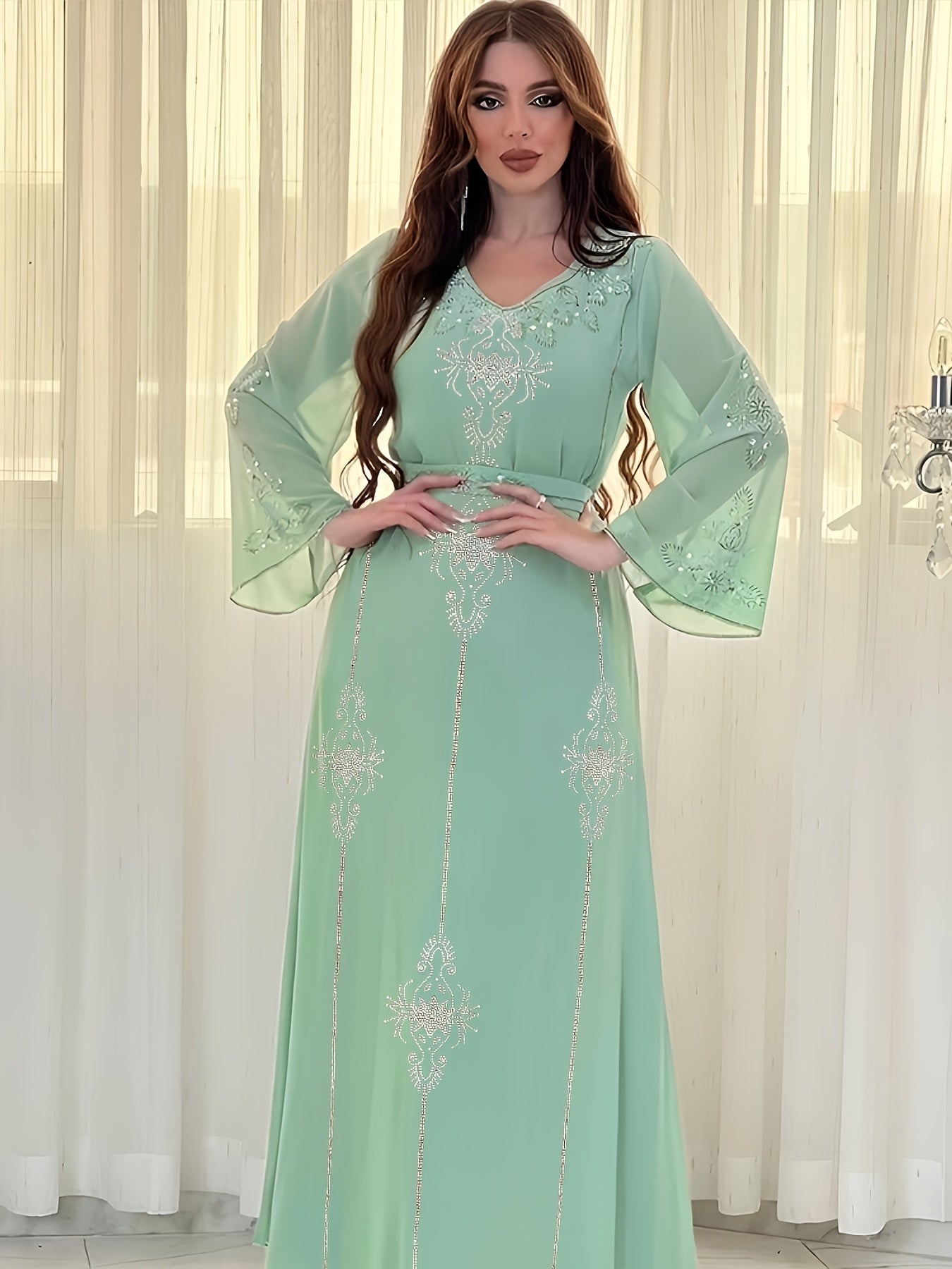 Elegant Rhinestone Embellished Chiffon Dress - Summer Long Robe for Women, Polyester, Machine Washable, Middle Eastern Style Palestinian Abaya