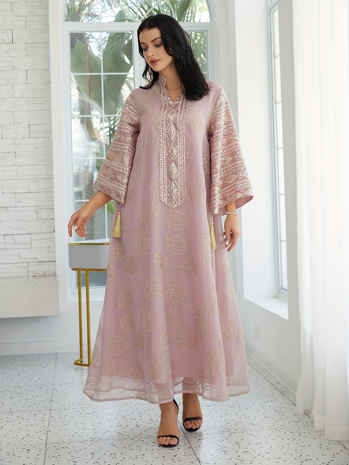 Oriental Middle Eastern Muslim Eid New Style Dress Women's Abaya V-Neck Regular Fashion Slit Sleeve Mesh Embroidery Beaded Craft Evening Gown Jalabiya Turkish Evening Wear Abaya