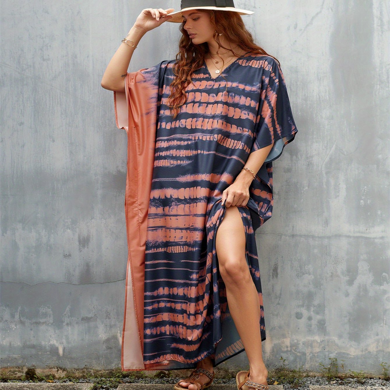 Stylish Plus Size Beach Kaftan Cover-Up with V-Neck & Side Slit - Lightweight Summer Dress in Vibrant Tie-Dye Pattern, Long Sleeves, Hand Washable, Perfect for Beach or Casual Outings, Relaxed Fit Clothing | V-neck Kaftan