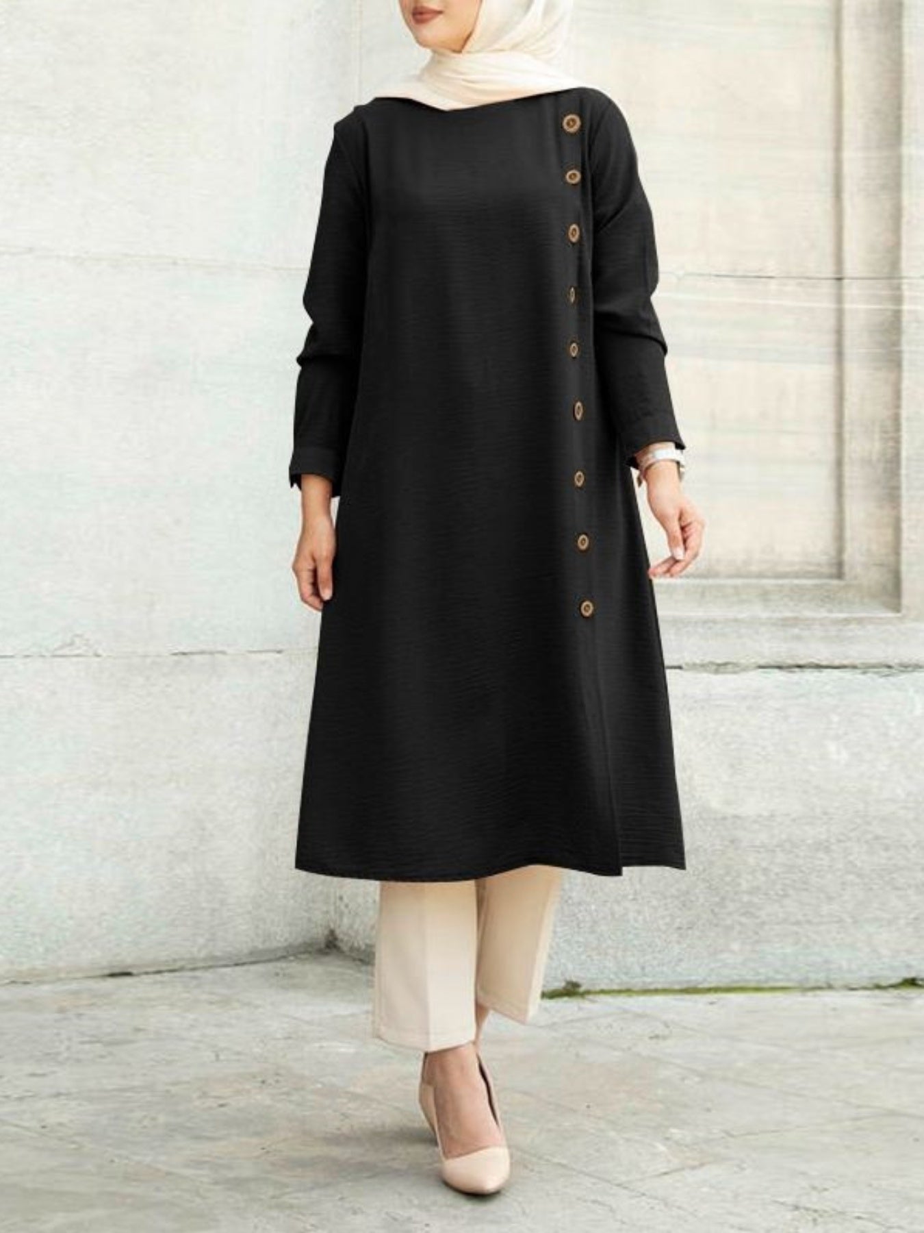 Women Kaftan Abaya Dress Elegant Solid Color Ethnic Style Long Sleeve
