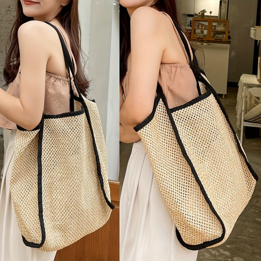 Casual Plaid Woven Tote Bag Large Capacity Polyester No-Closure Shoulder Bag with Edge Trim - Stylish Khaki Handbag