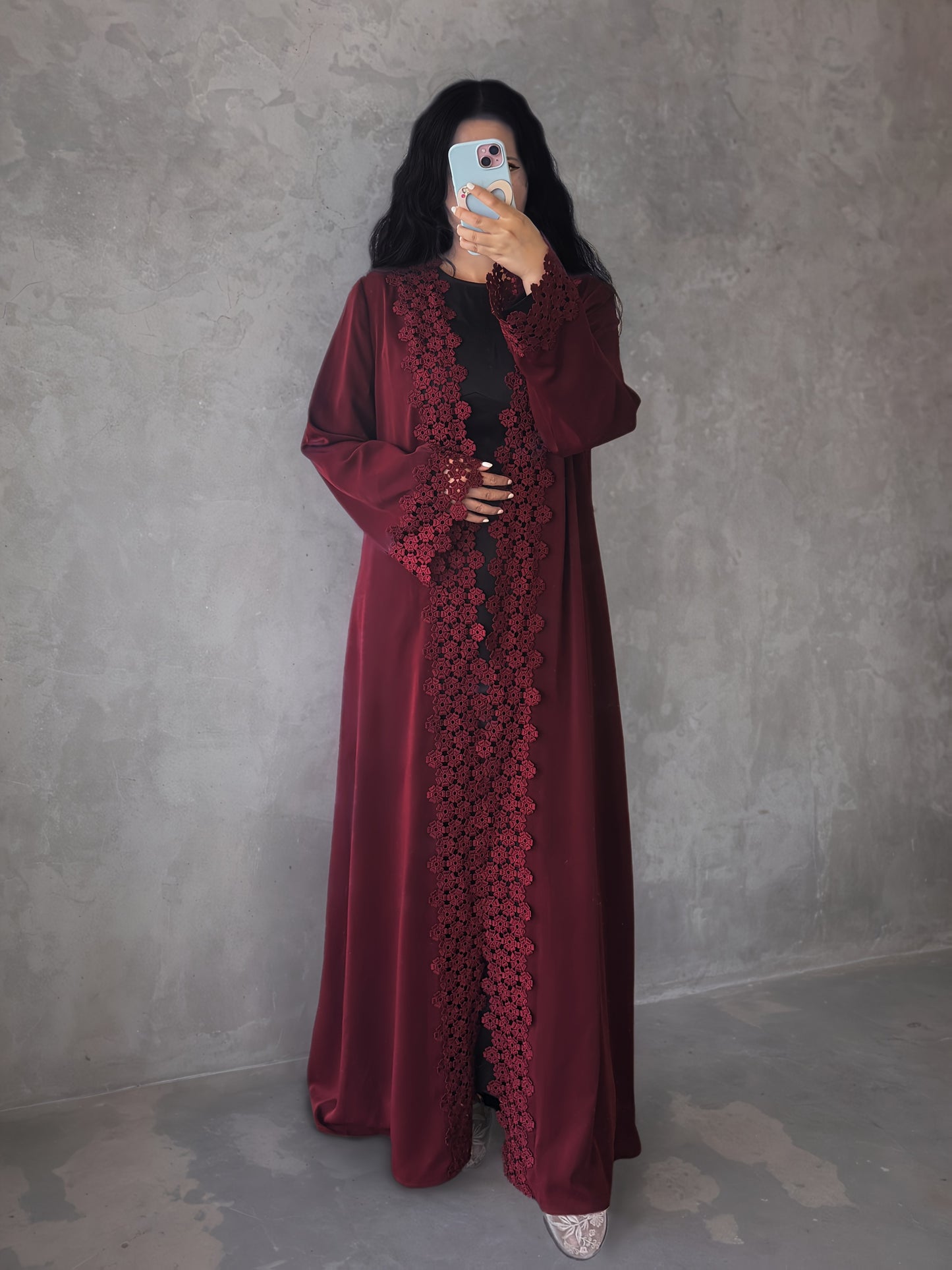 Elegant Women's Red Abaya Robe with Intricate Lace Detailing - Long Sleeve, Open Front, Loose Fit for Spring, Summer, and Fall - Perfect for Casual or Formal Occasions, Cultural Attire, Flowing Garment