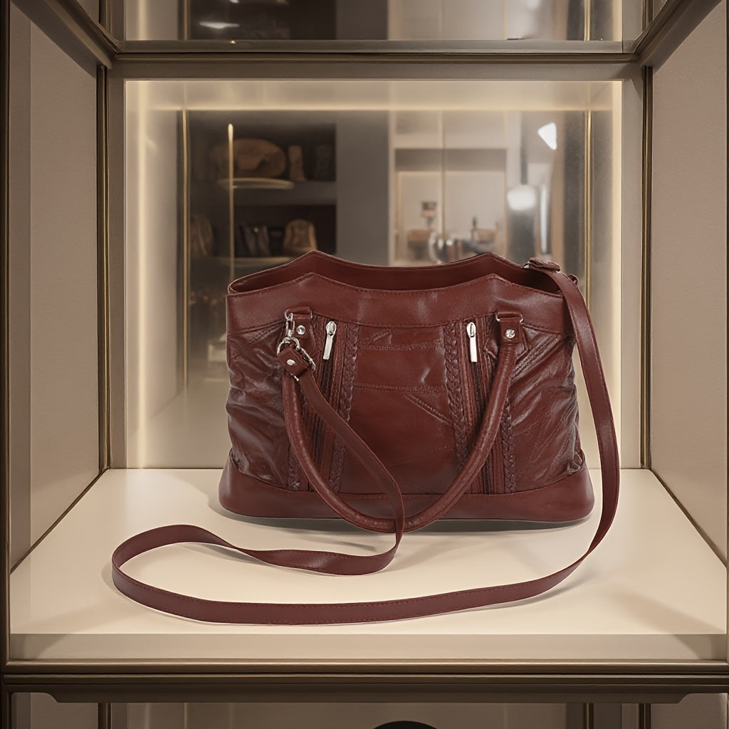 Vintage Zipper Tote Bag, Soft Genuine Leather Large Capacity Crossbody Bag, Women's Multifunction Trend Casual Fashion Shoulder Bag, Trend Handbag