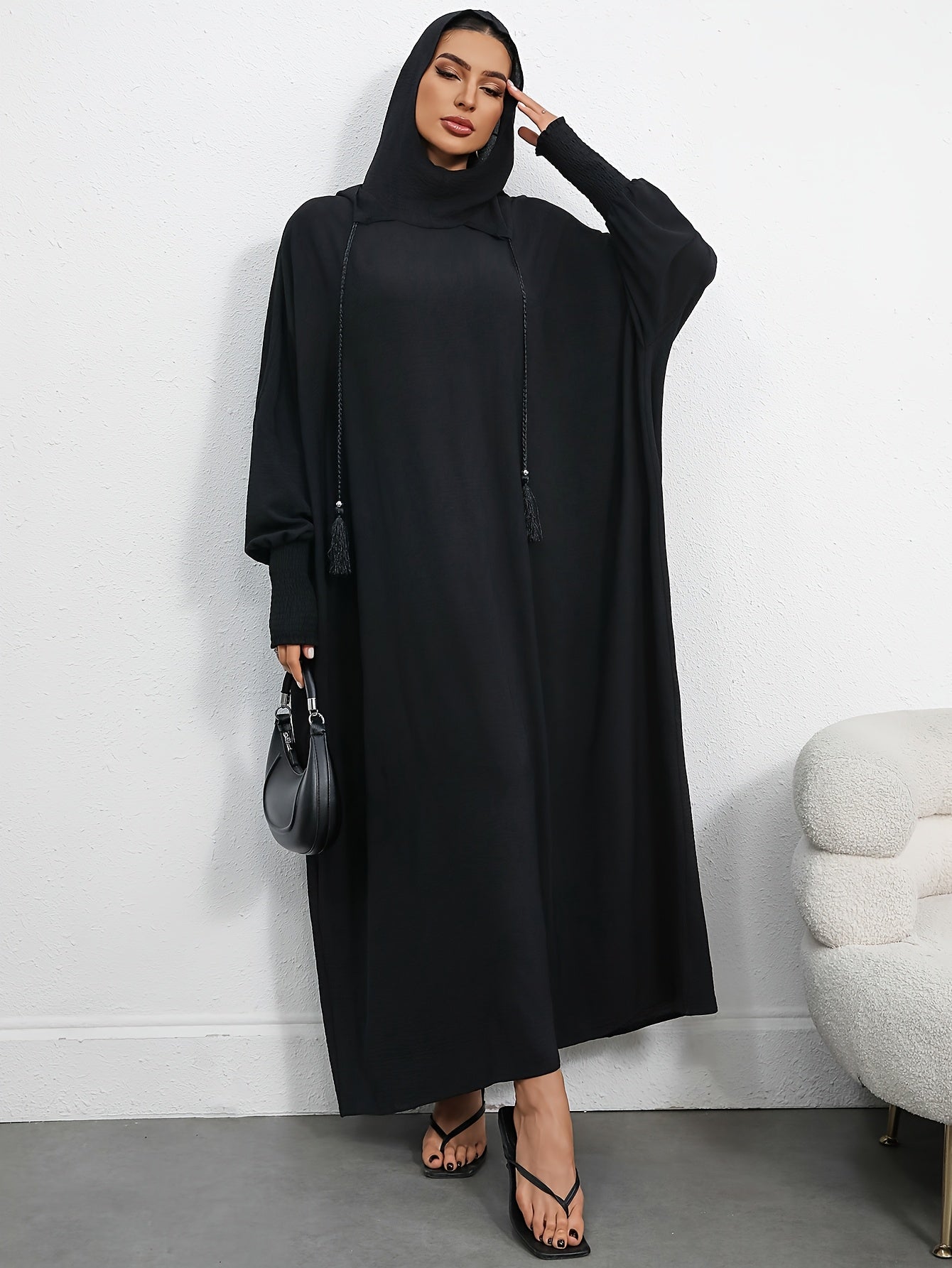 Women's Elegant Black Hooded Batwing Sleeve Dress - Loose Fit Long Flowy Turkish Kaftan, Machine Washable Polyester, Plus Size Friendly, Adjustable Drawstring Waist for Ramadan & Casual Wear Abaya
