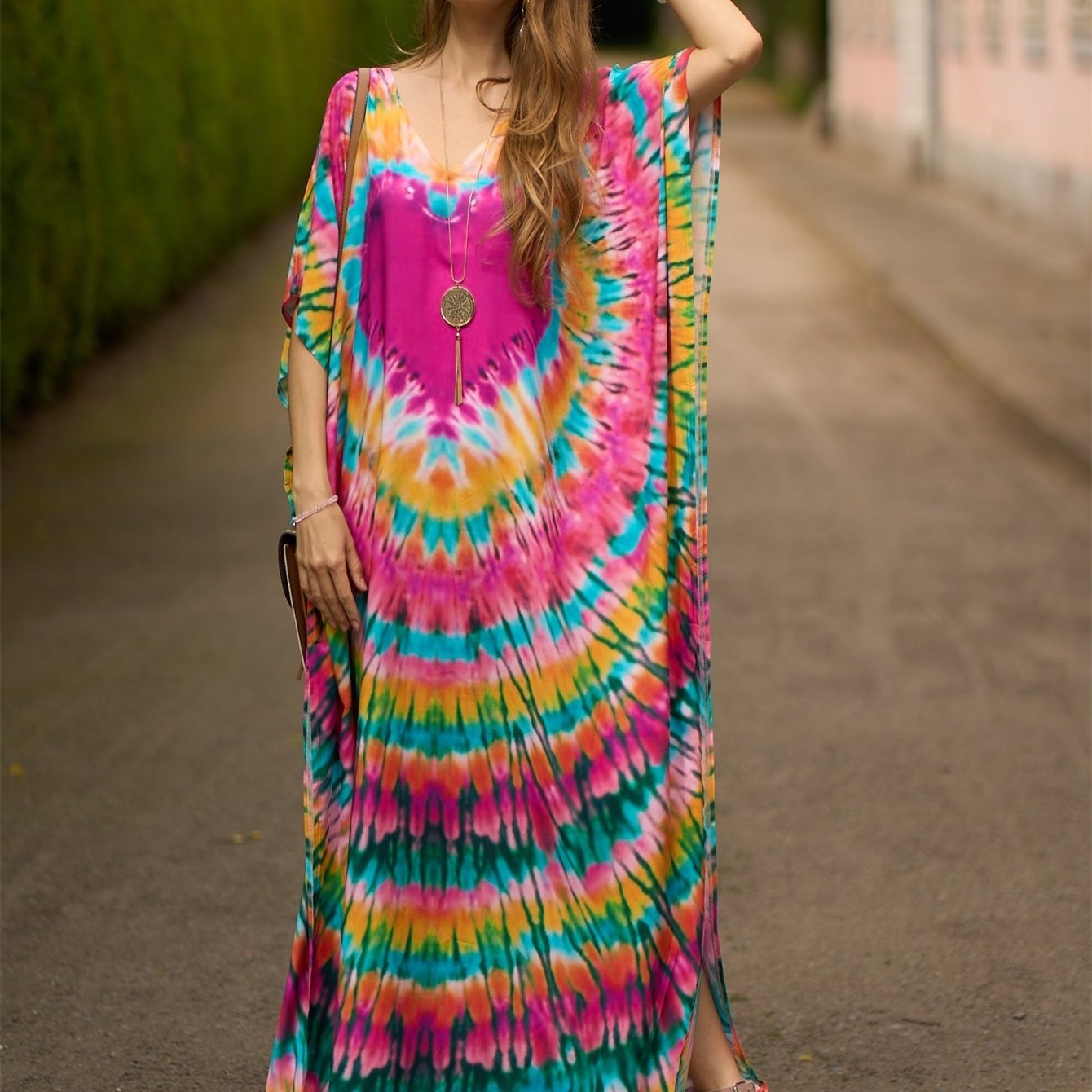 Women's Rayon Bohemian Beach Cover-Up Dress - Loose Fit Batwing Sleeve Turkish Kaftan with Striped Print, Round Neck Long Dress for Poolside, Vacation & Home Wear, Spring Summer Fall, Summer Cover Clothing