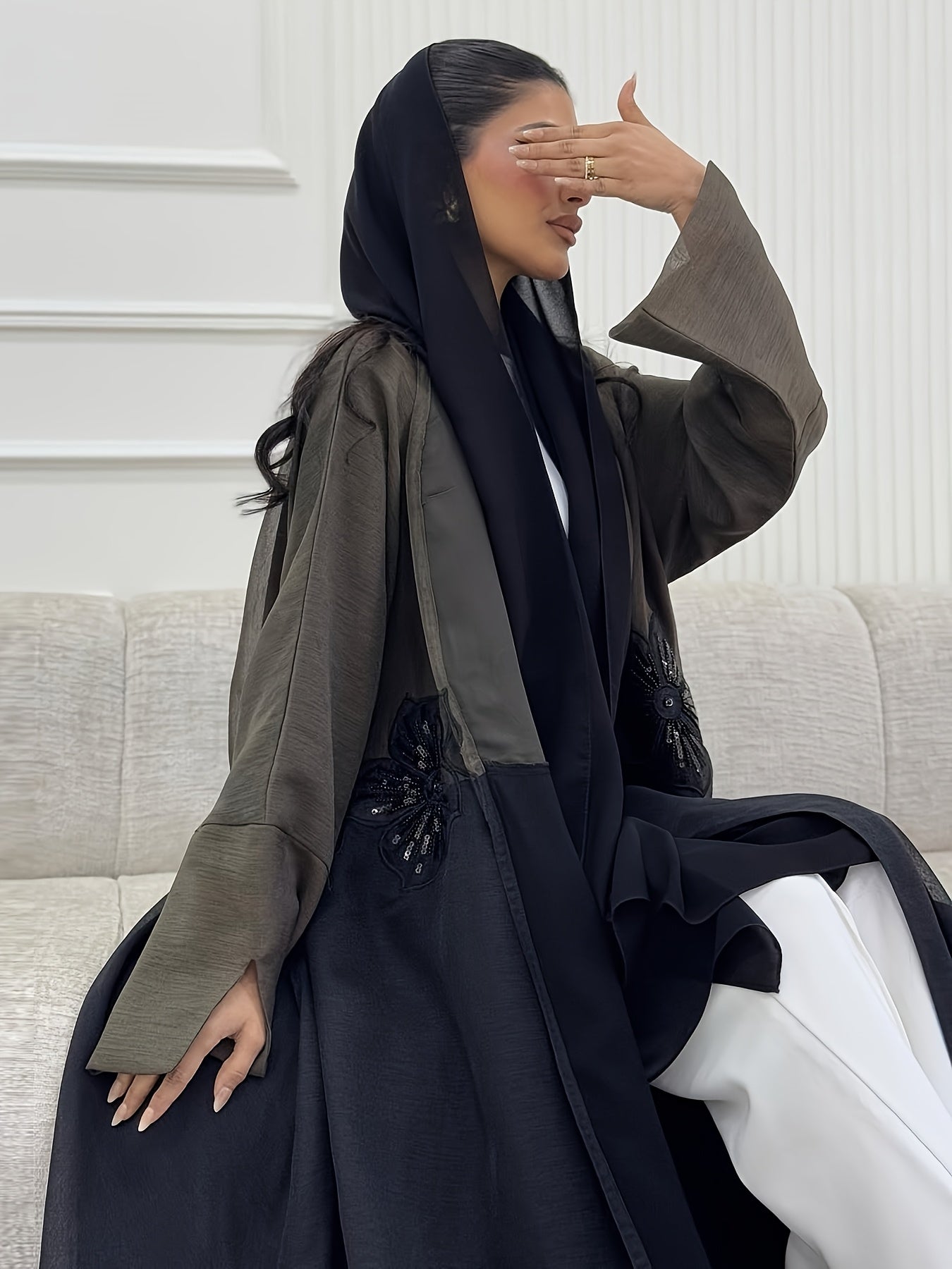 Elegant Modest Muslim Women's Abaya Robe with 3D Beaded Appliqués - Chic Open Front, Long Sleeve, High-Quality Fabric, Dark Blue & White Color Block, Loose Fit for All Seasons, Muslim Dress