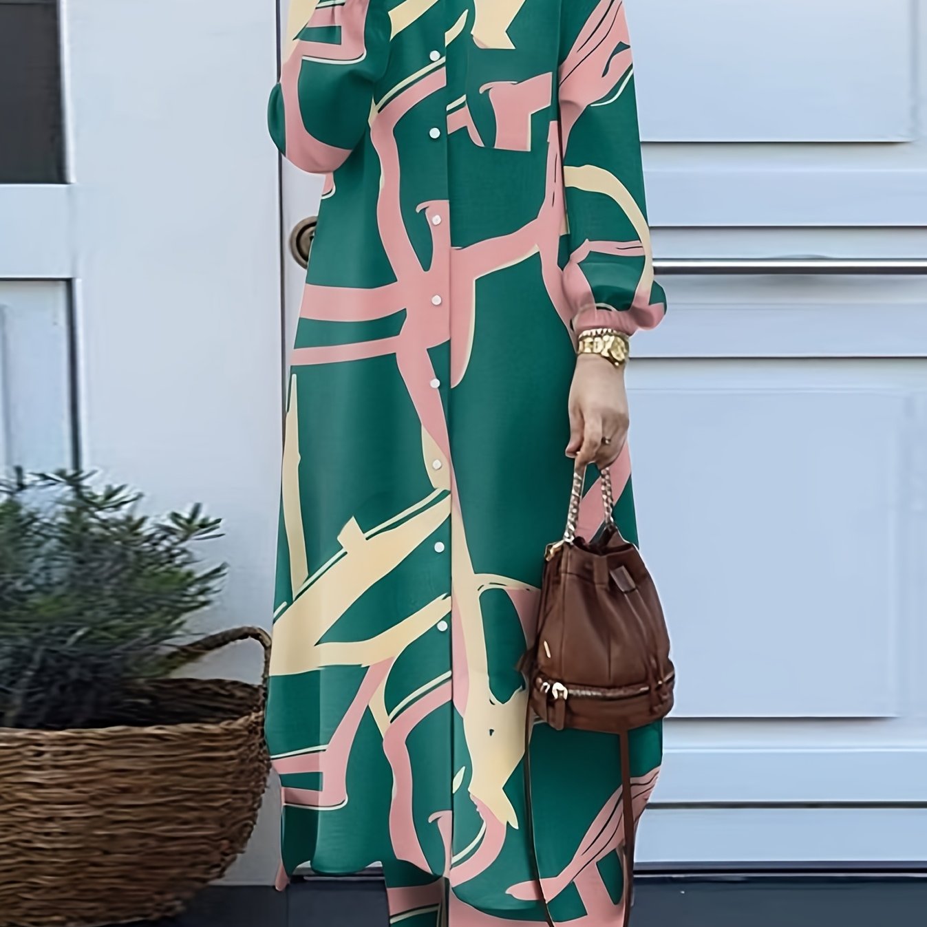 Elegant Geometric Print Pakistani Abaya with Long Sleeves and Button Front - Stylish Muslim Fashion, All-Season Wear, Pants and Top Set, Allseason Abaya|Geometric Print Abaya|Long Sleeve Top