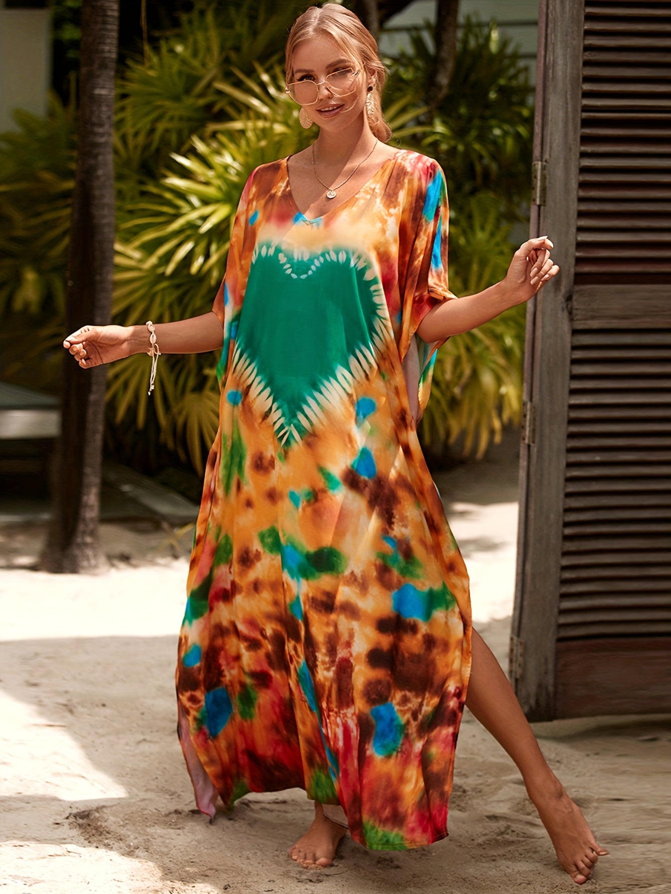 Women's Boho Maxi Kaftan Dress, V-Neck Long Dress Swimsuit Cover-Up, Casual Plus-Size Beachwear For Summer Vacation