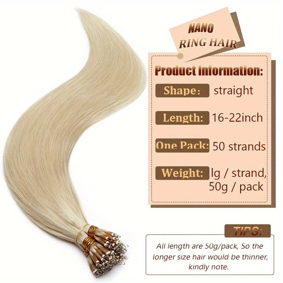 100% Human Hair Extensions - 50 Strands Nano Rings, Thick, Smooth, Remy Hair