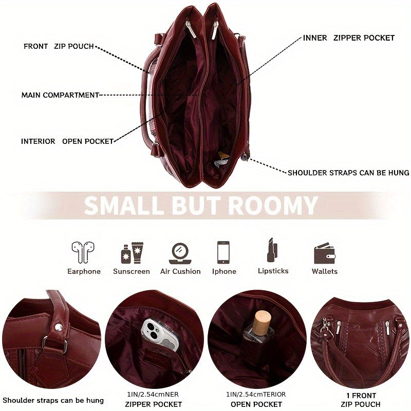 Vintage Zipper Tote Bag, Soft Genuine Leather Large Capacity Crossbody Bag, Women's Multifunction Trend Casual Fashion Shoulder Bag, Trend Handbag