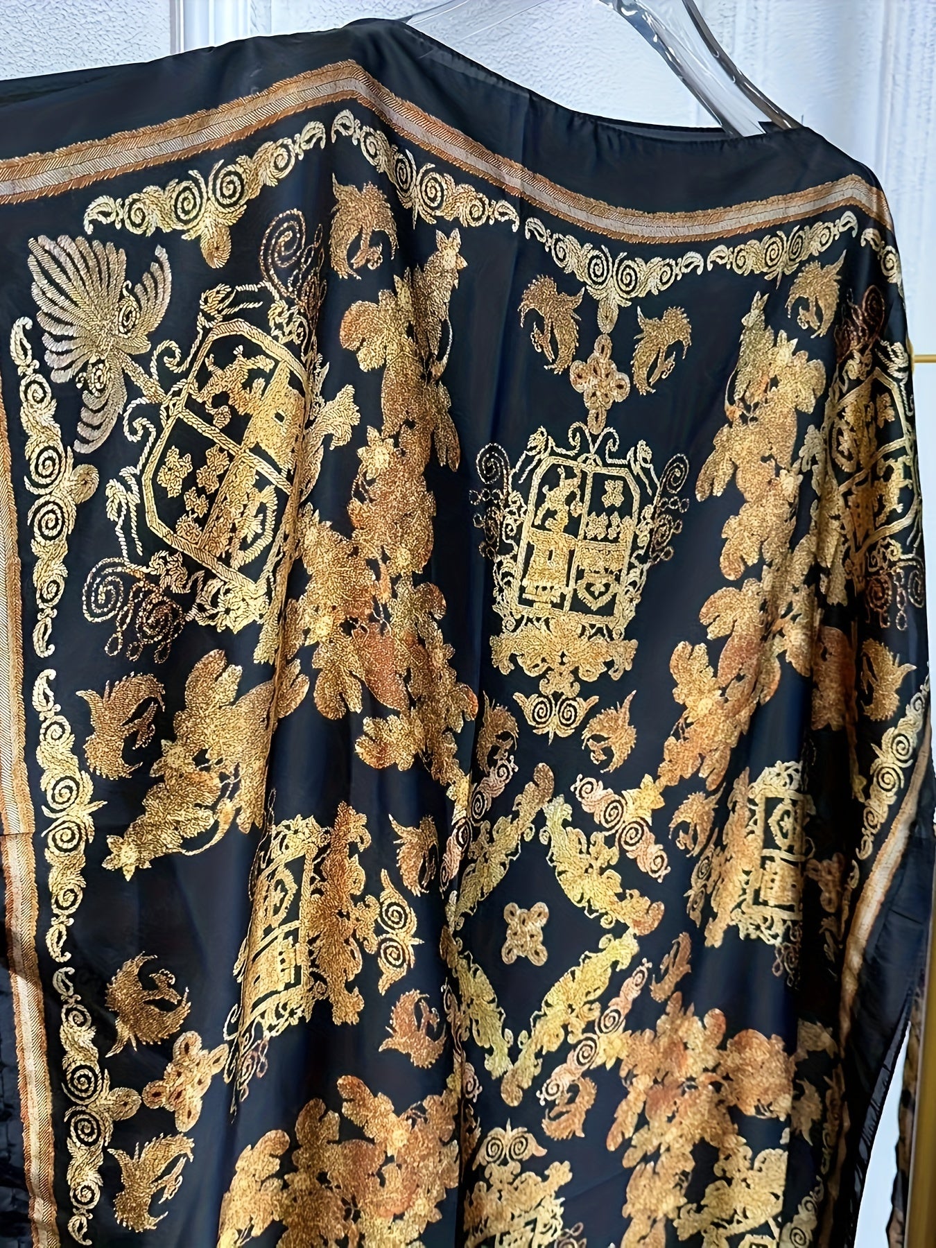 Lightweight Polyester Women's Kaftan Abaya Dress | Golden Floral Print Batwing Sleeve Loose Fit Maxi Dress, Middle Eastern-Inspired Spring Summer Fall Casual to Formal Wear with Scarf