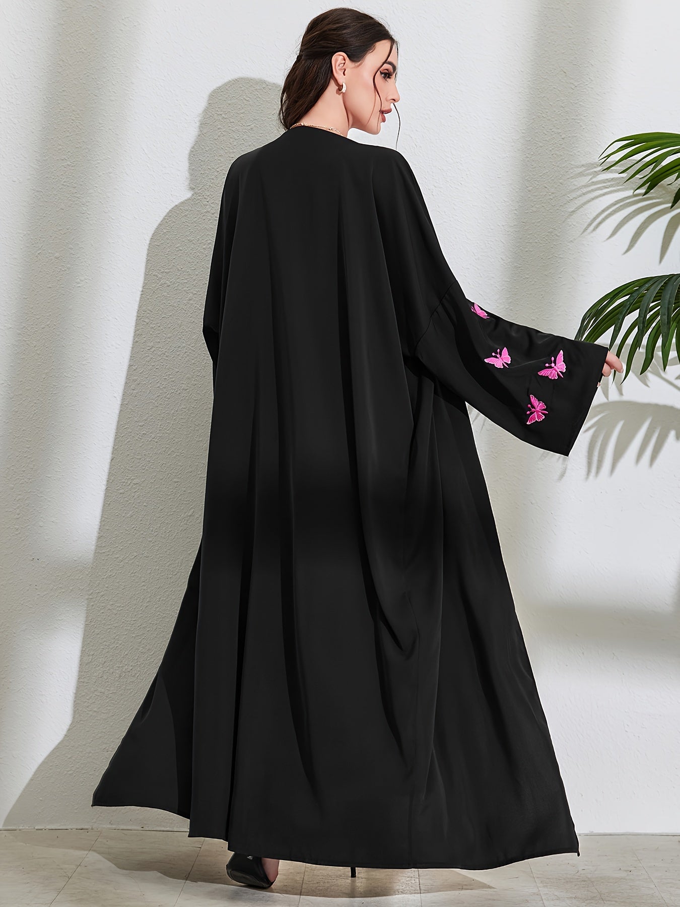 Oriental Women's Elegant Solid Color Embroidered Butterfly Batwing Sleeve Abaya, Saudi Dubai Loose Fit Black Satin Open Front Bathrobe, Casual Long Robe Dress 1pc Outerwear for Daily Wear and Festivals