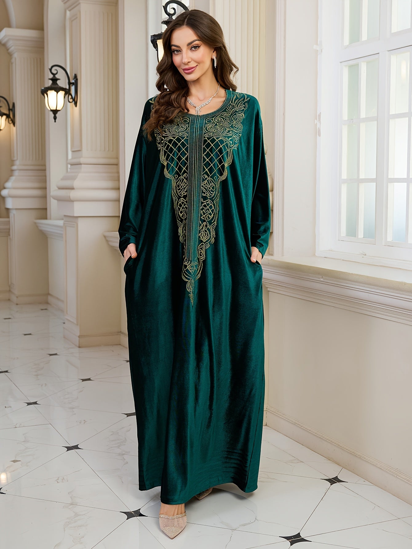 Plus Size - FY Ladies Elegant Embroidery Velvet Long Gown Loose Arabic Abaya Large Size Leisure Resort Beach Jacket Bikini Outerwear Cover-up
