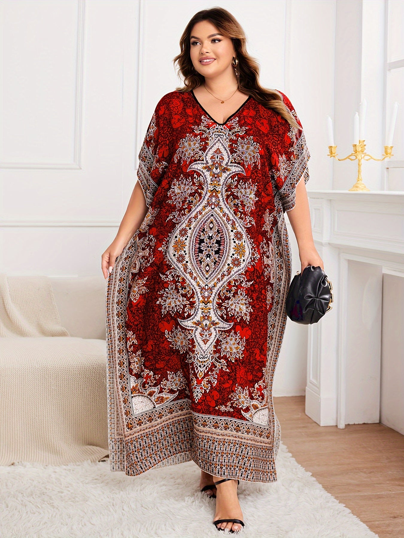 Plus Size, European and American Plus Size Women's Bohemian Vacation Dress with Middle Eastern Kaftan Abaya Style