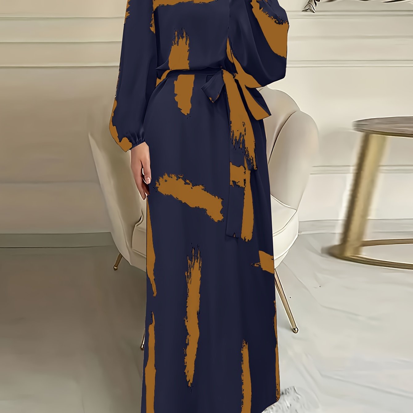 Navy Blue & Orange Print Women's Arabic Traditional Kaftan Abaya Dress | Long Sleeve Knee-Length Machine Washable Fitted Silhouette for Modest All-Season Wear, Middle Eastern Attire