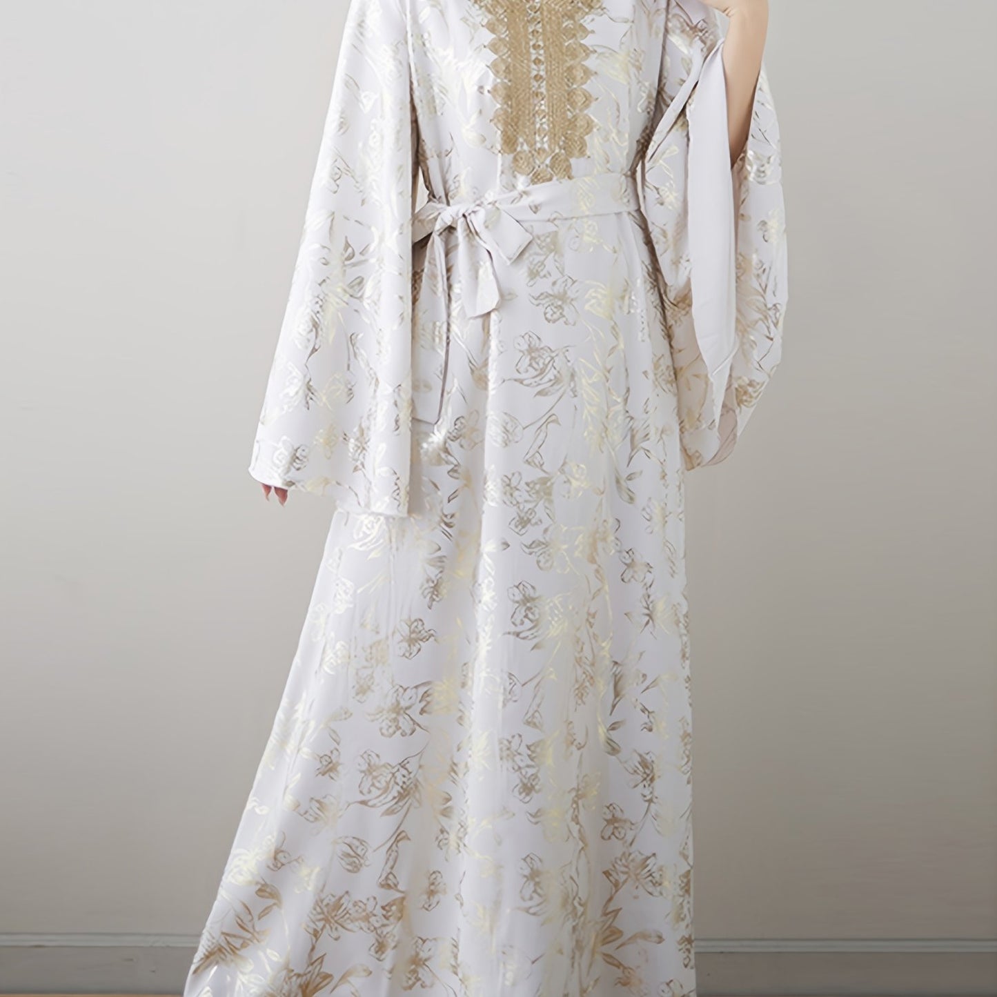Ethnic Style Trumpet Sleeve Women's Robe V-neck Gold-stamped Embroidered Lace-up Women's Baju Abaya With Belt