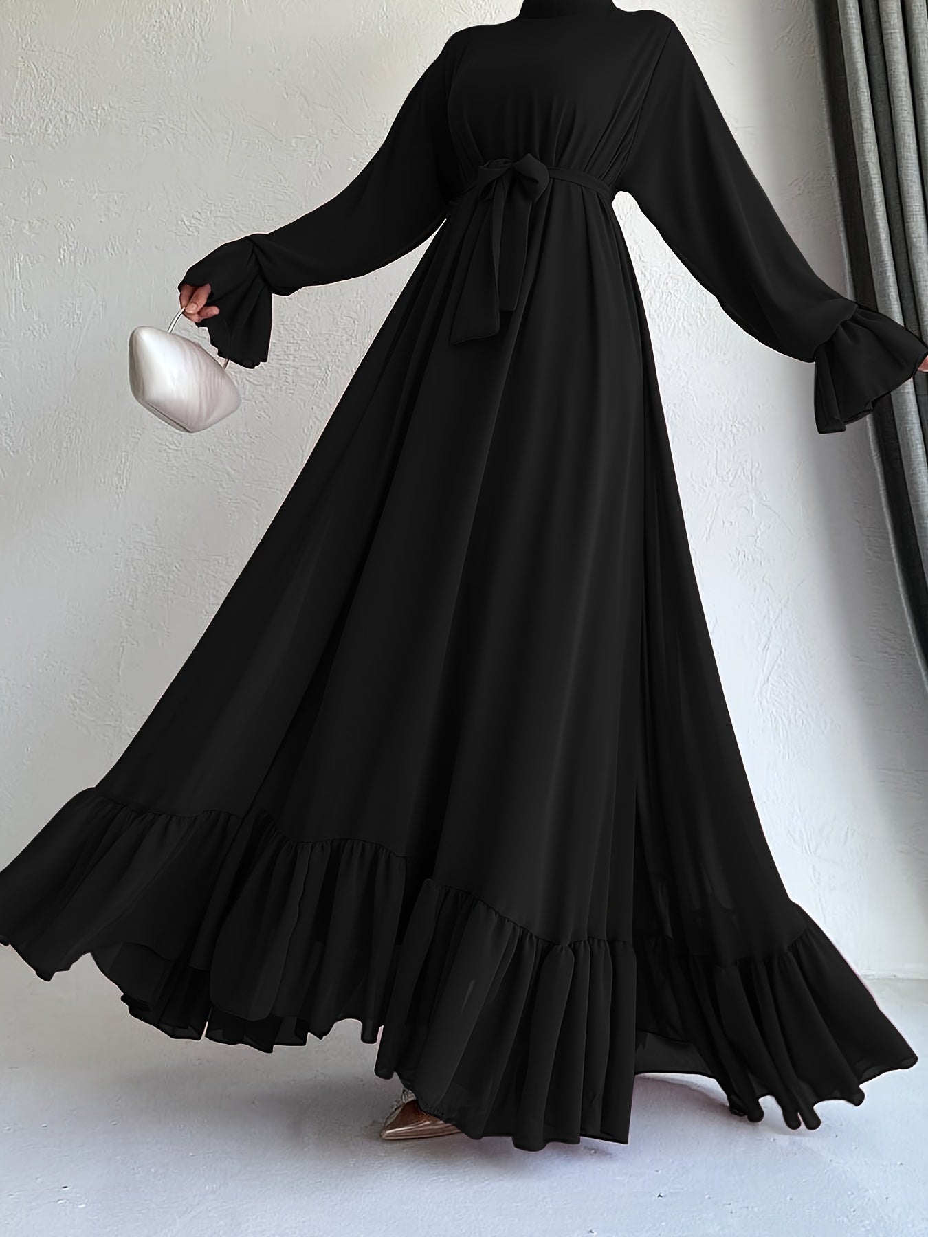 Stunning Solid Color Belted Peplum Maxi Dress - Elegant Palestinian Abaya for Women with Long Sleeves, Pleated Design, and Flattering Silhouette for Spring and Fall Seasons - Chic and Modest Clothing