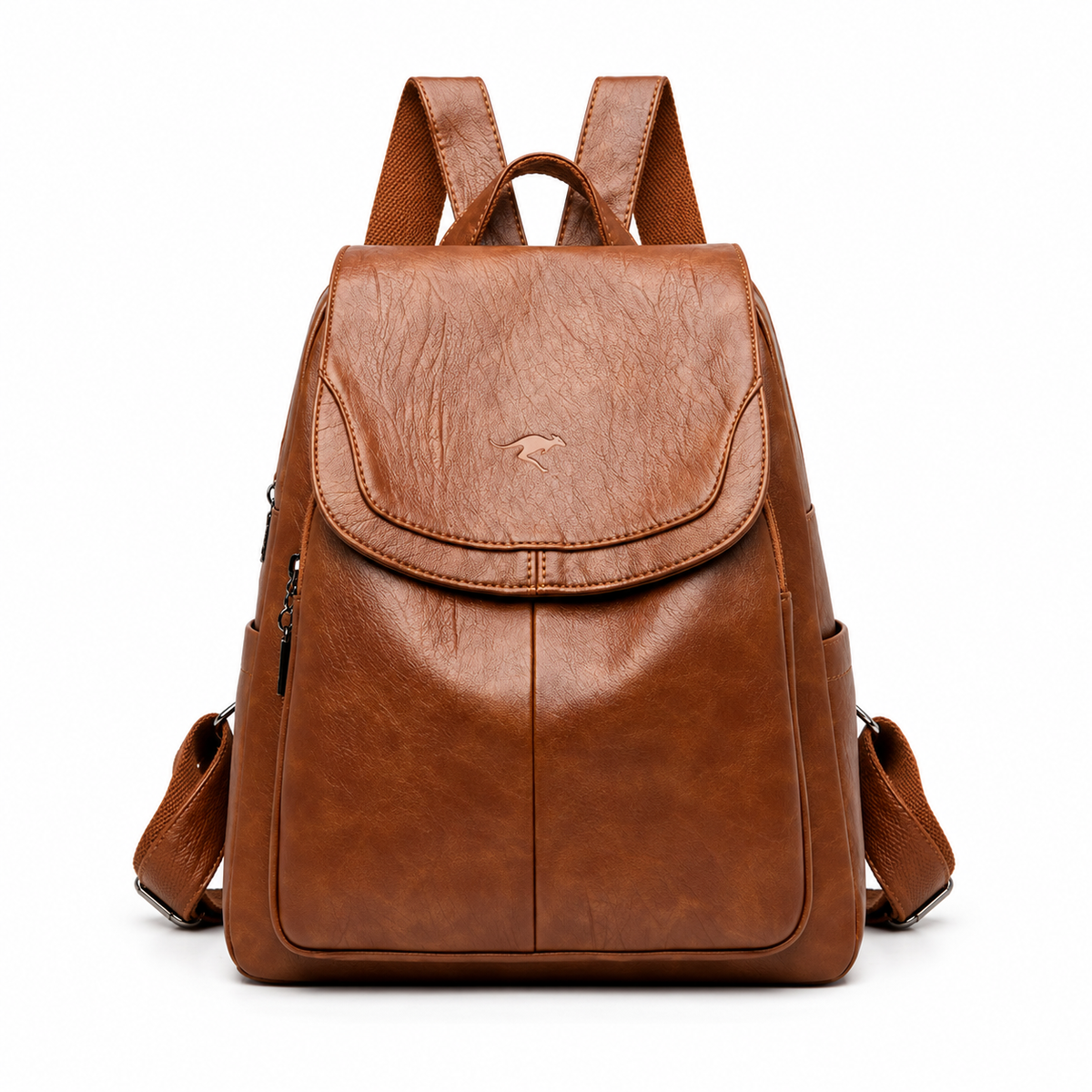 Brown Textured Flap Backpack With Pockets