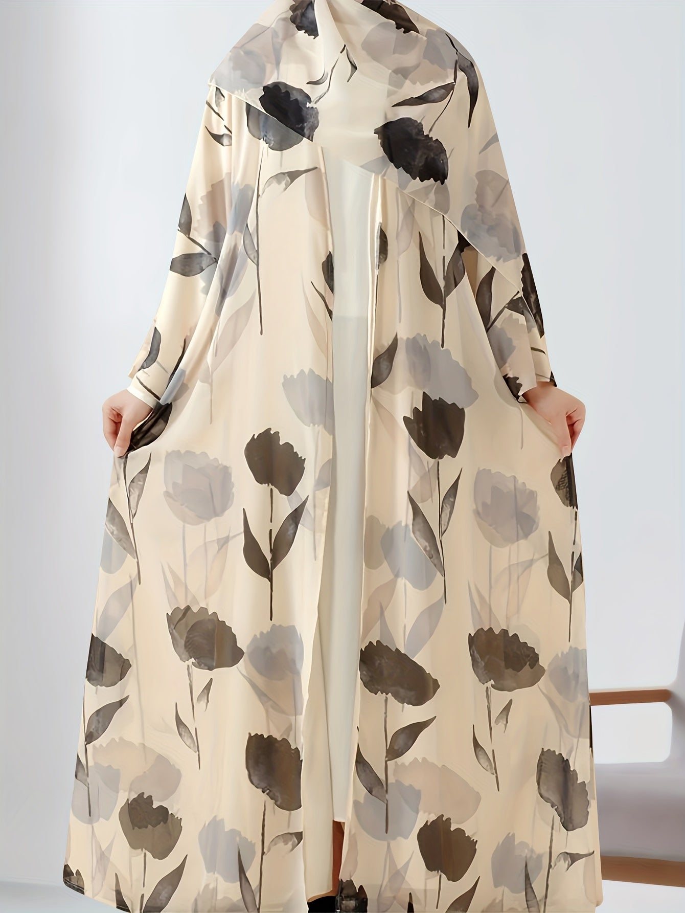 2pcs Elegant Muslim Women's Pakistani Abaya & Headscarf Set - Floral Print Long Sleeve Robe with Lightweight Comfortable Fabric, Perfect for Daily Wear, Family Gatherings, and Travel