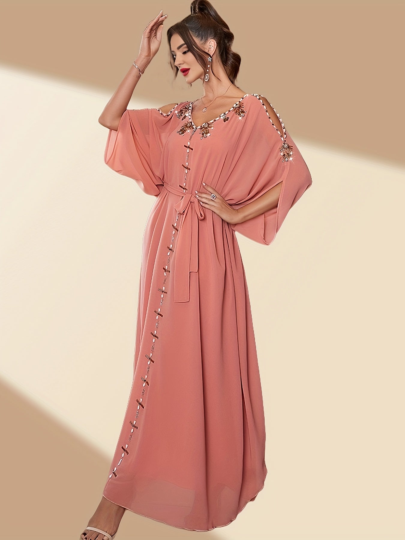 1pc Elegant Off-Shoulder Maxi Modern Abaya with Handcrafted Pearl Embellishments, Solid Color Polyester, All-Season Woven Gown with Large Flounce Sleeves