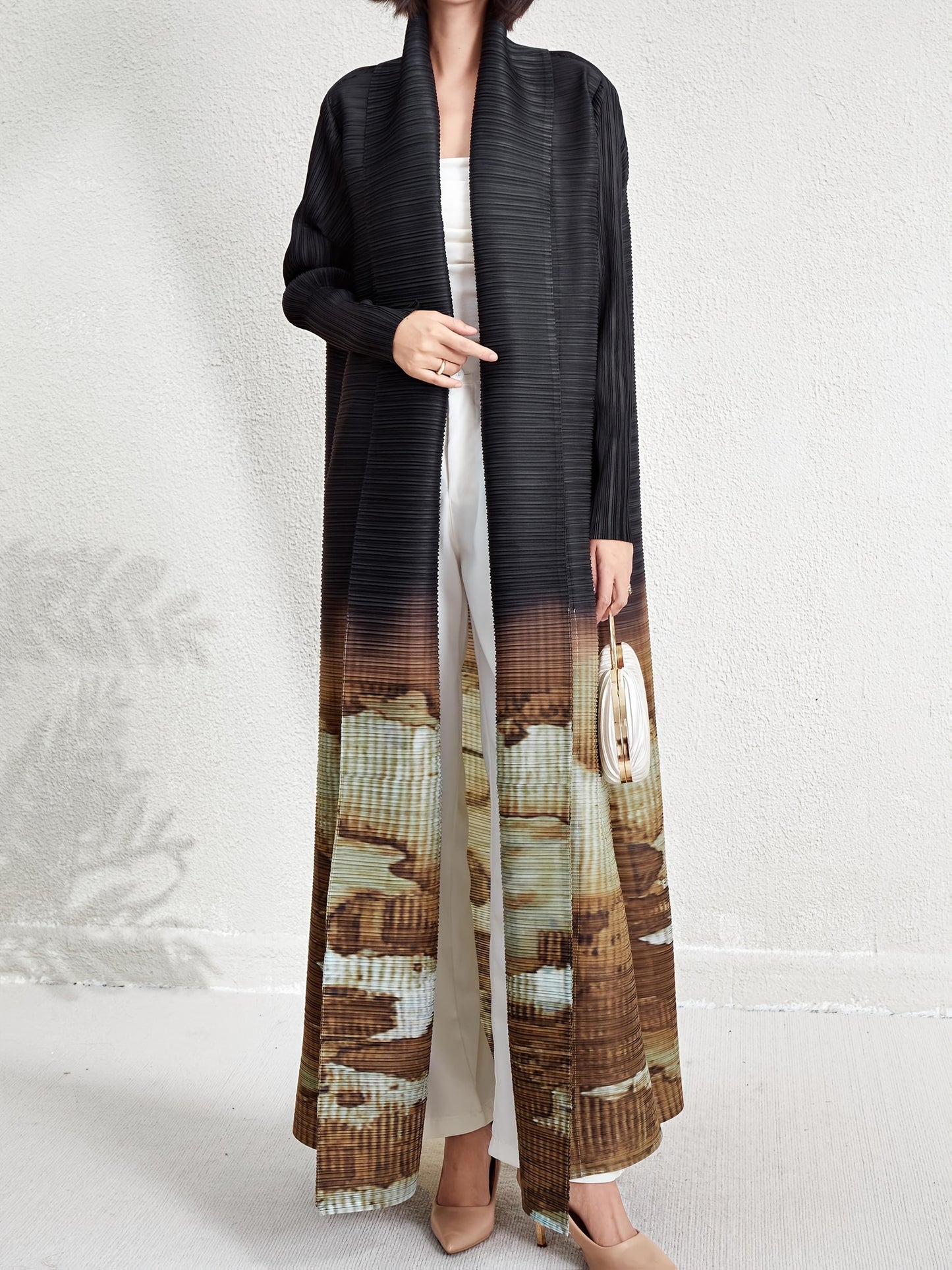 Women's Plus Size Geometric Print Long Sleeve Abaya Dress - Black & White Pleated Cardigan with Belt, Casual Loose-Fit Maxi Wrap for All Seasons