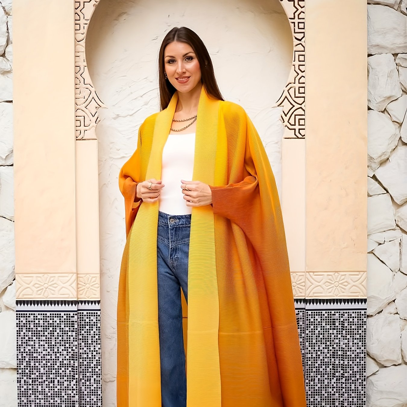 Plus Size - Women's Plus Size Yellow Abaya with Geometric Print - Loose Fit, Long Sleeve, Open Front, Wide Leg, Casual & Versatile for Spring/Summer/Fall, Casual Wear Abaya