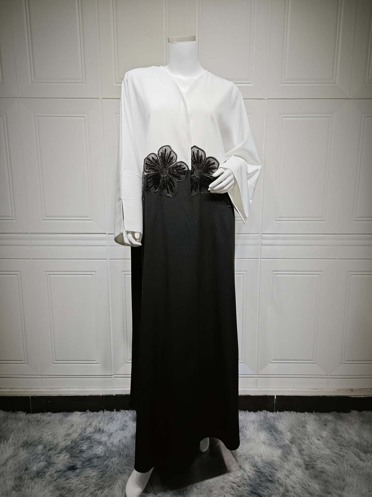 Elegant Modest Muslim Dubai Arabian Abaya Robe with Floral Embroidery - Long Sleeve Open Front, Solid Color, All-Season Wear, No Headscarf, Hand Wash or Dry Clean, Muslim Dress